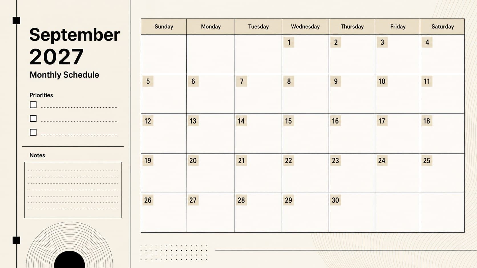 Editable September 2027 schedule template showing all 30 dates in a spacious beige-and-black monthly grid.