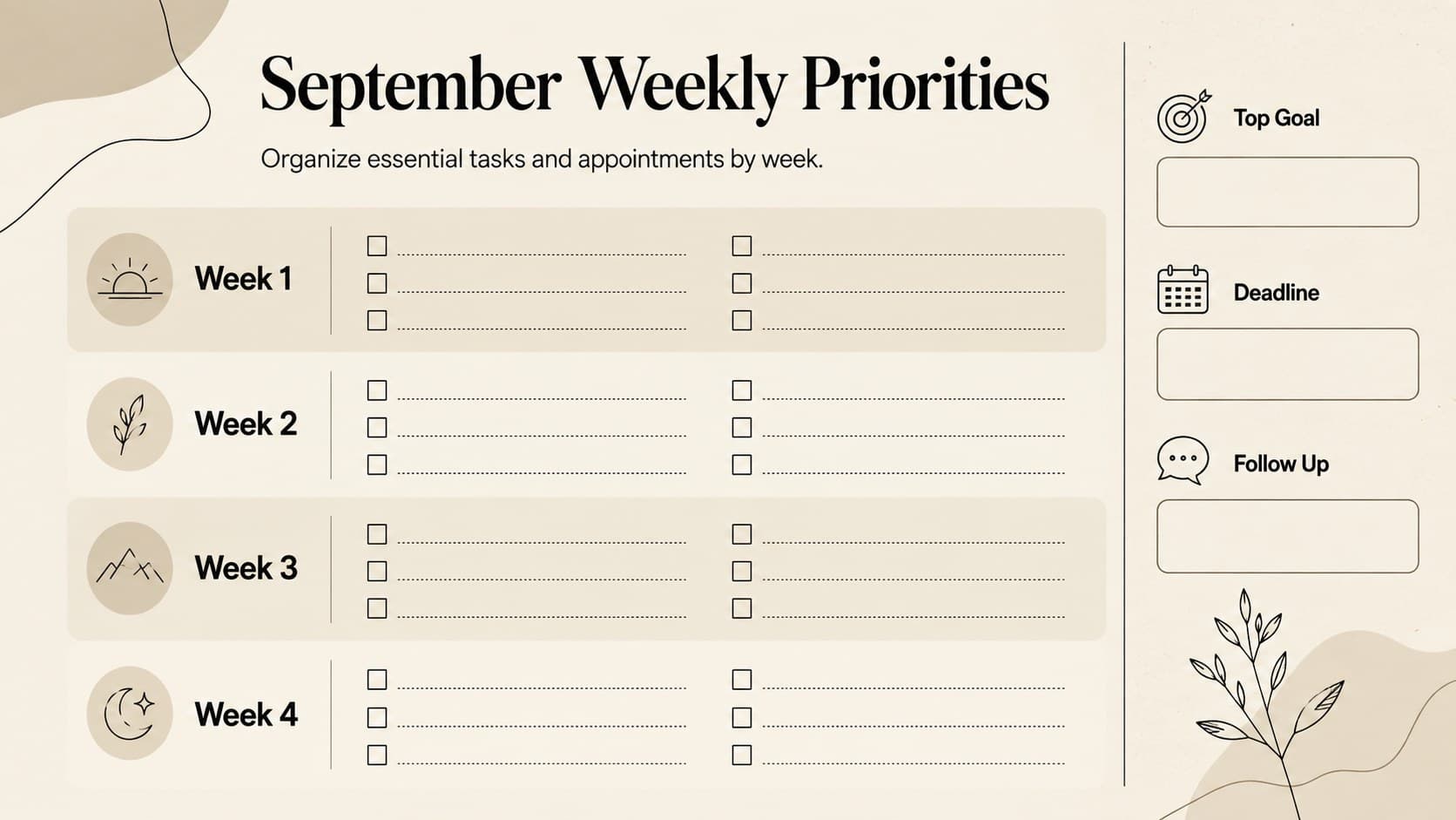 Minimal weekly priorities slide for organizing September 2027 tasks, deadlines, and appointments.