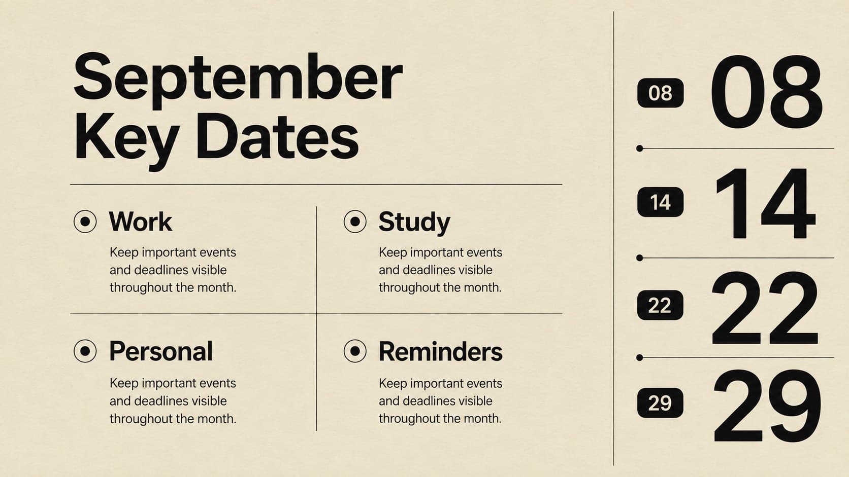 September key dates overview with sections for work, study, personal events, and reminders.