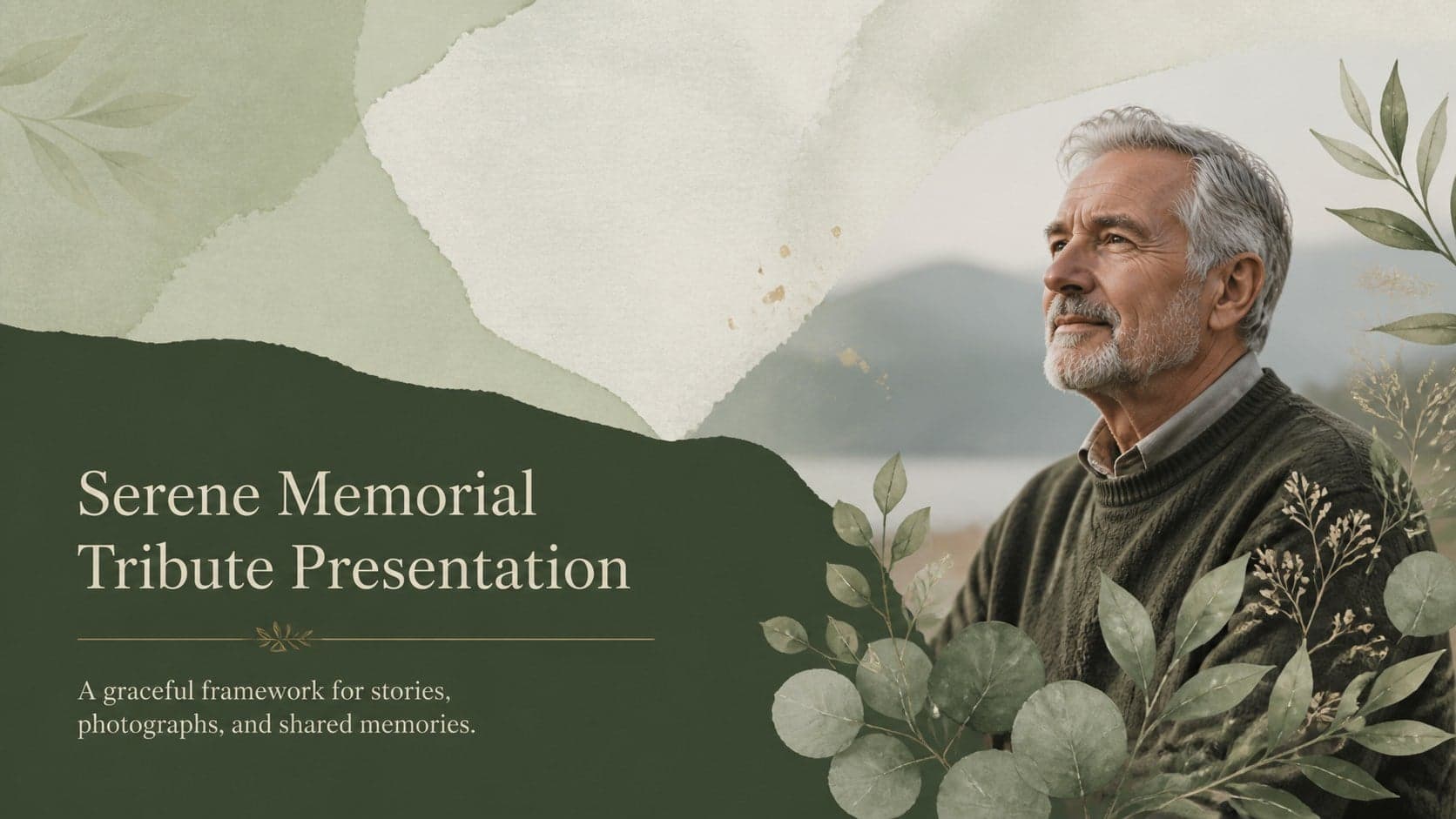 Cover of a serene memorial tribute presentation with an elegant green botanical design and centered remembrance title.