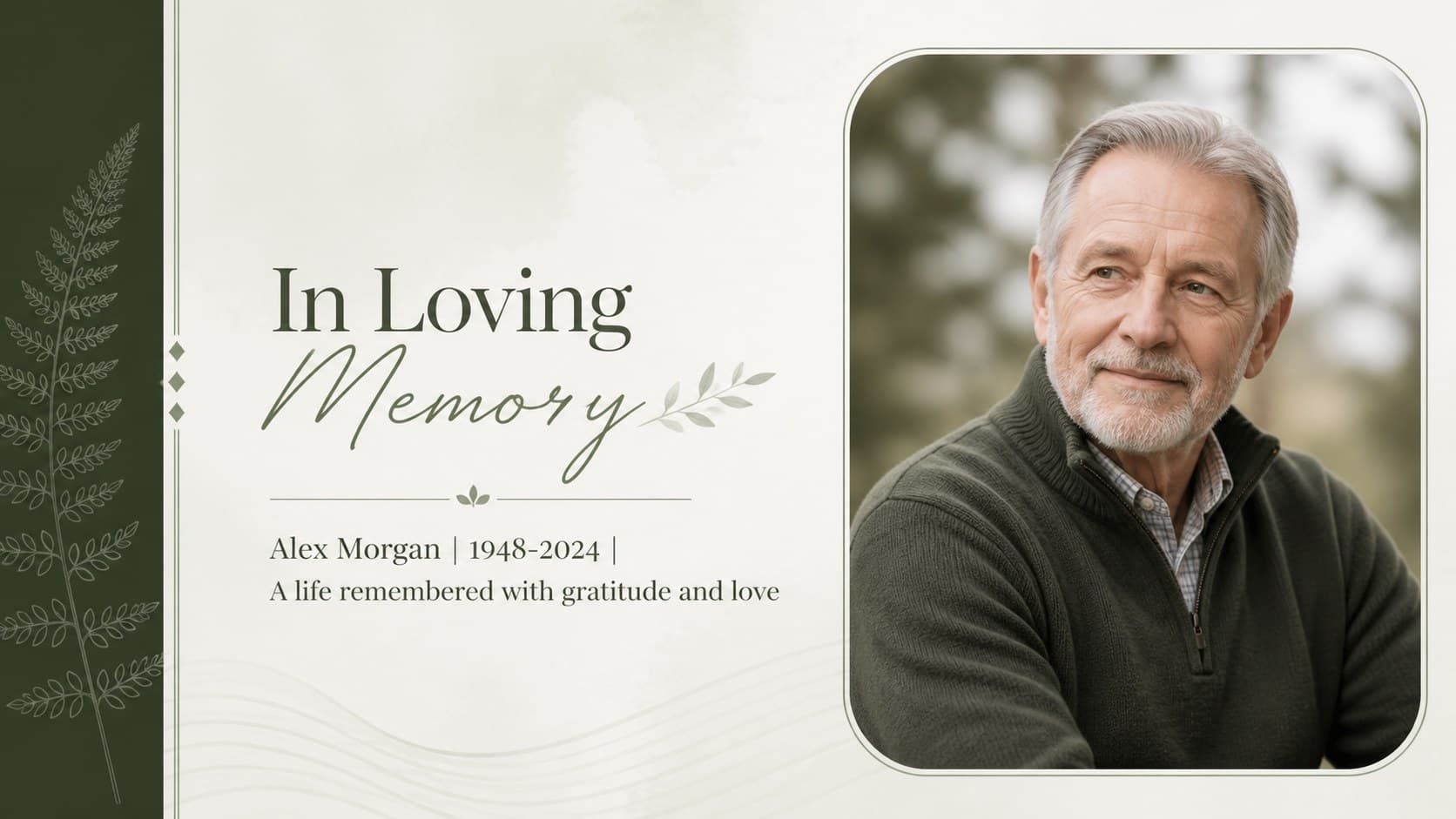 Minimal celebration of life slideshow page featuring a large portrait placeholder, name, and commemorative dates.
