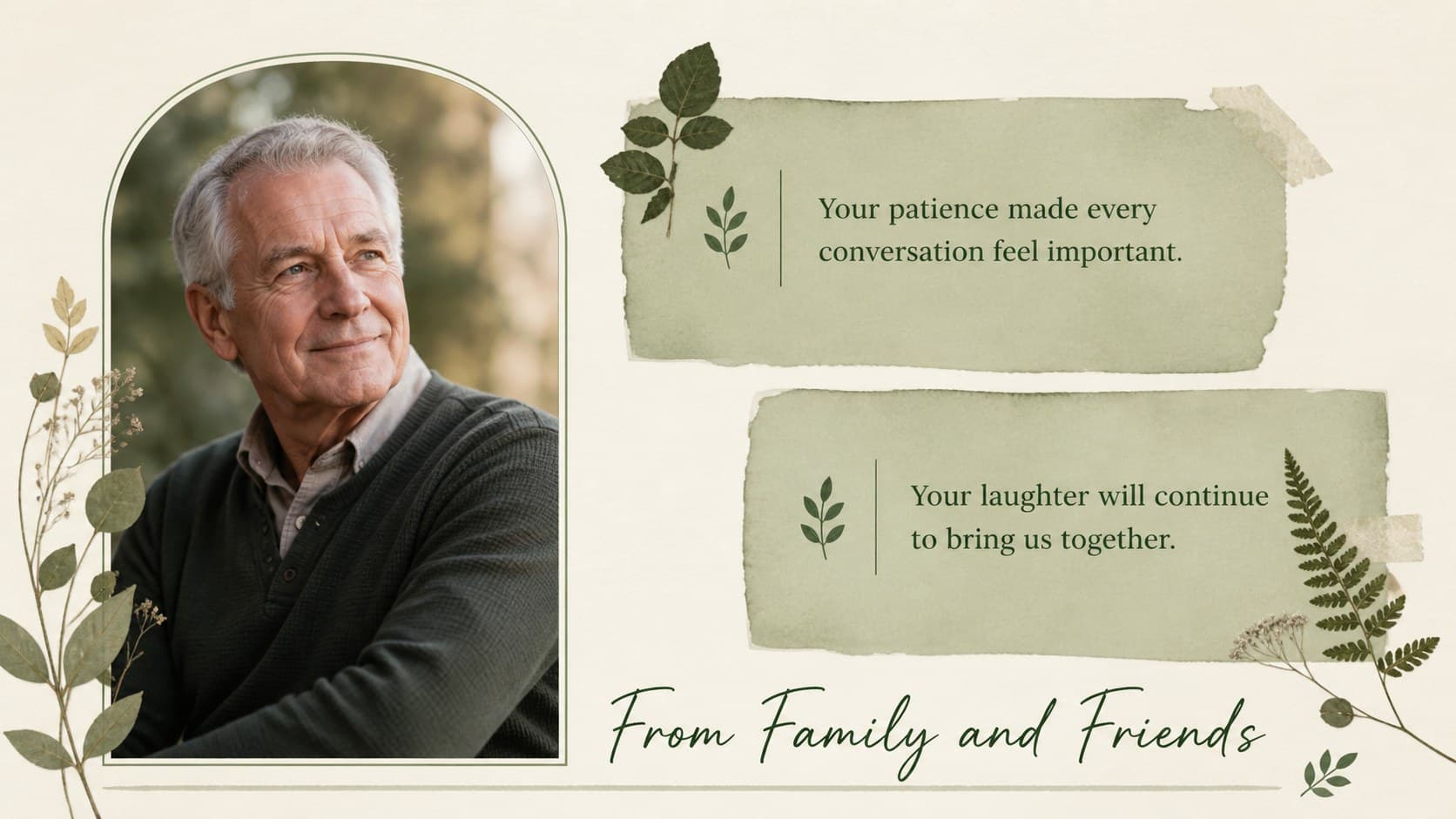 Editable memorial slideshow for family featuring messages from relatives beside a portrait placeholder.