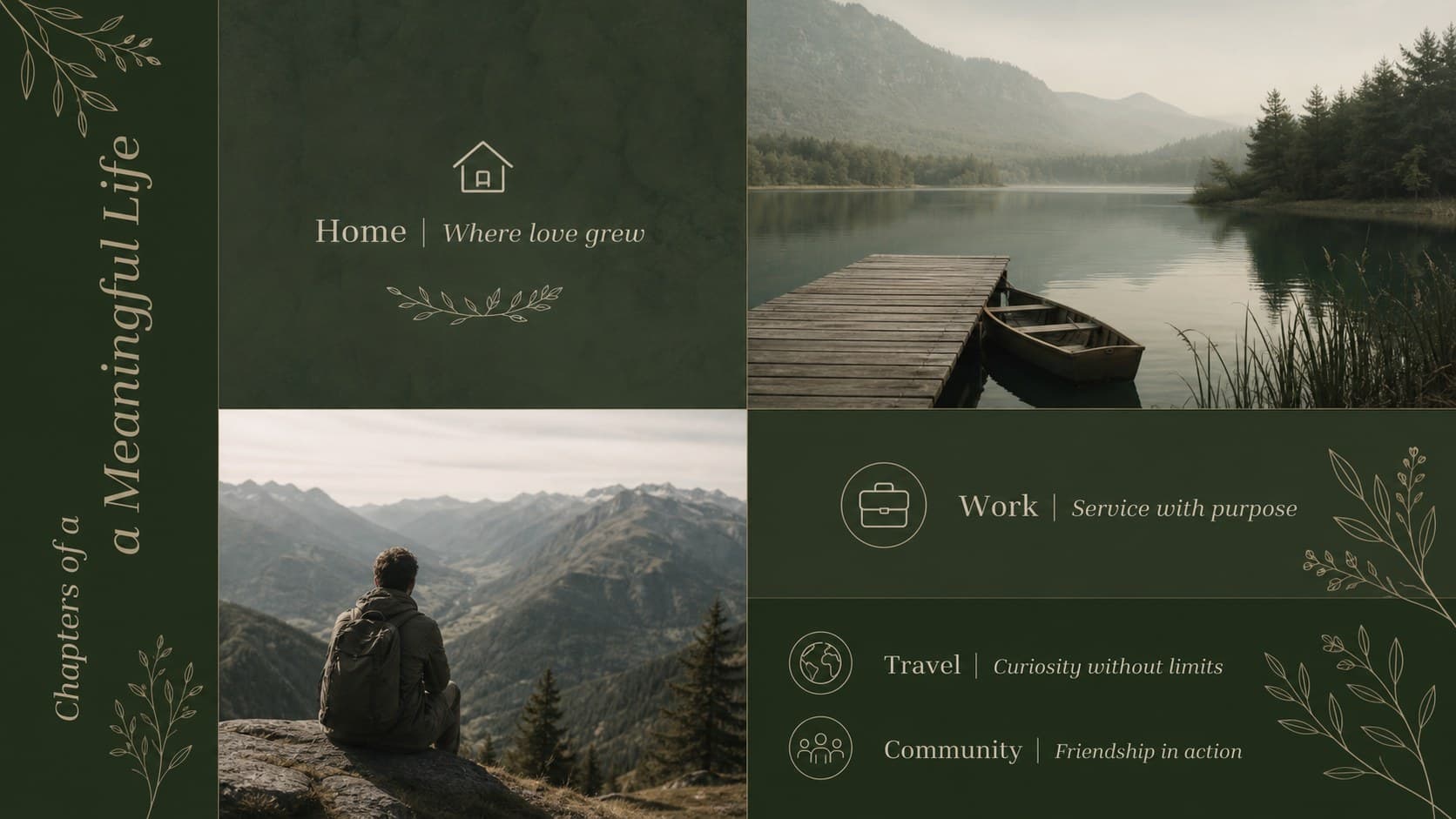 Serene memorial tribute presentation slide summarizing four chapters of a meaningful life.