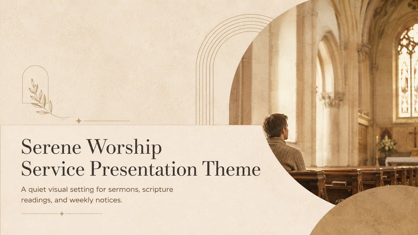 Cover of a serene worship service presentation theme with warm beige styling and refined typography.