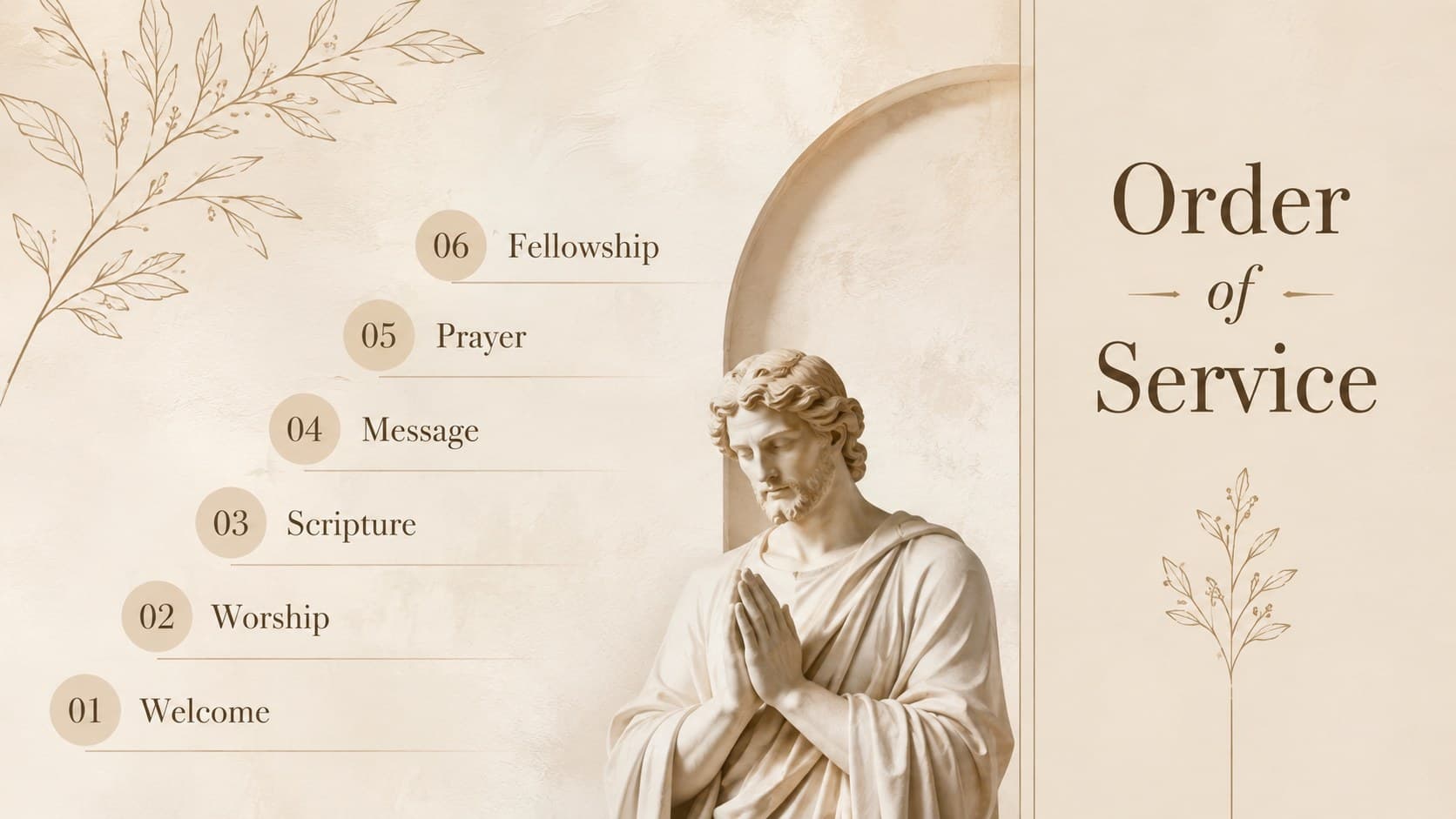 Beige Sunday worship service agenda showing a clear sequence for gathering, music, scripture, and sermon.