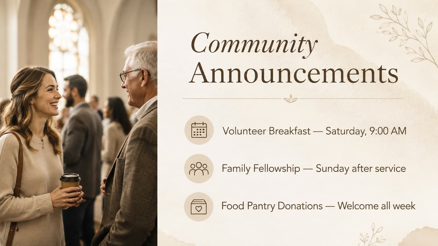 Church announcement Google Slides template page listing community news and upcoming activities.