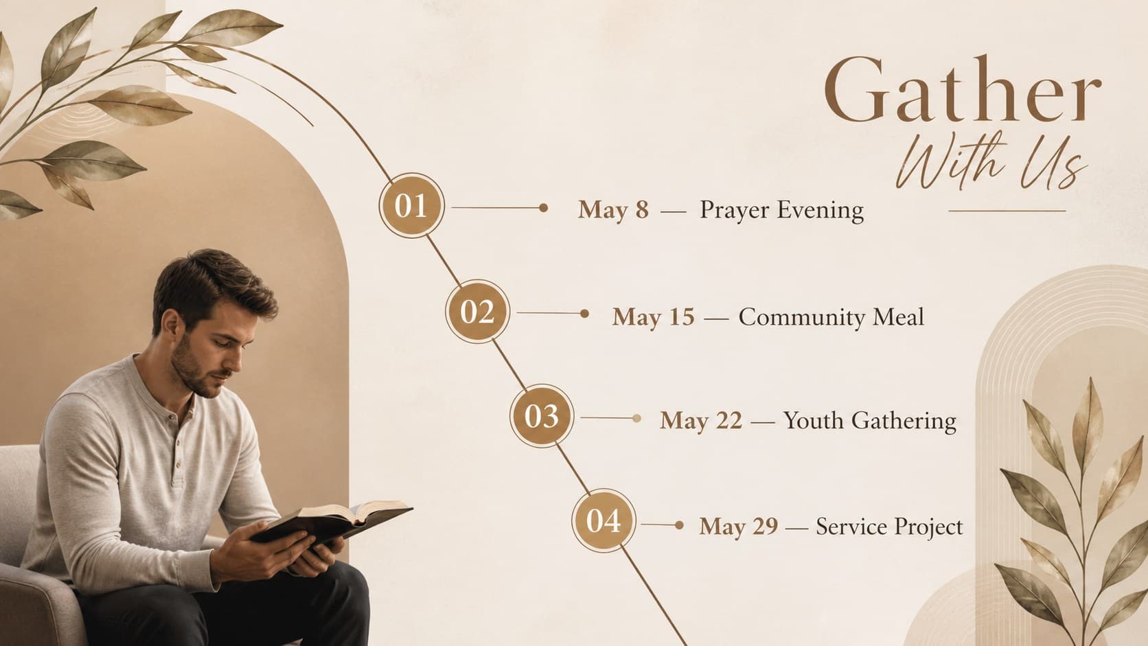 Sunday service presentation layout showing a simple timeline of upcoming ministry events.