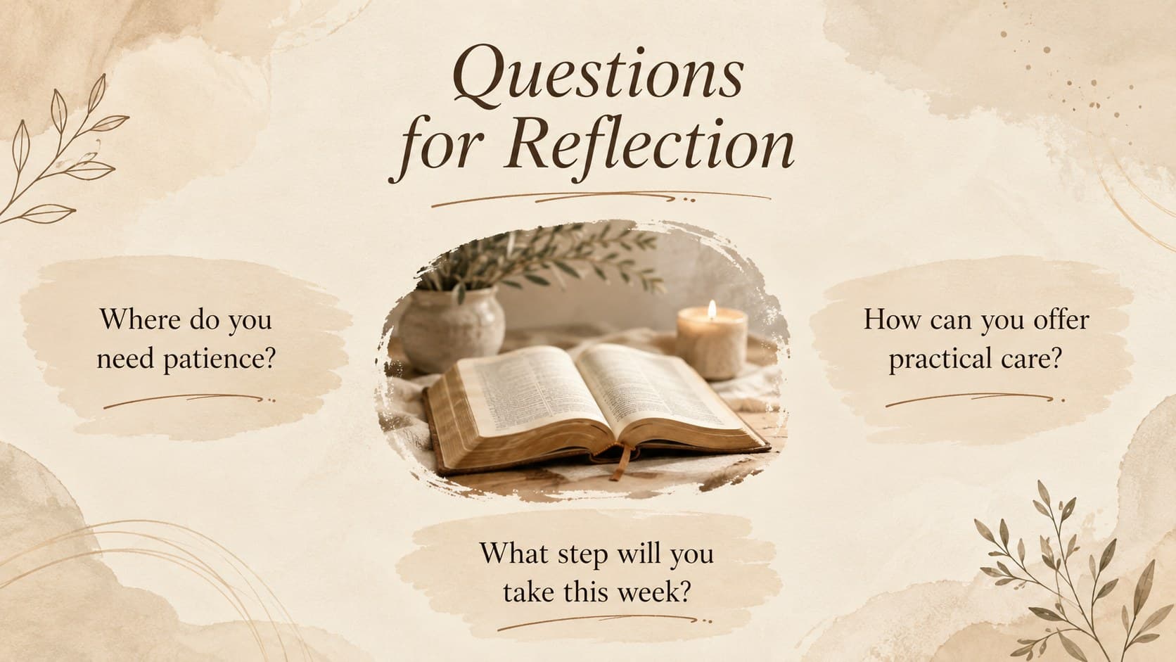 Bible study presentation slide with three discussion questions on a warm beige background.