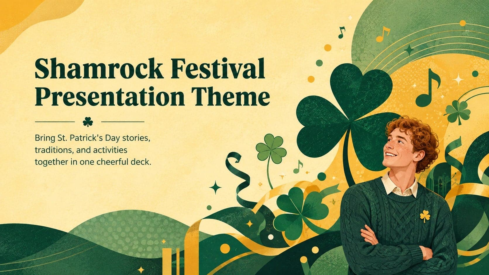 Cover of the Shamrock Festival Presentation Theme with bold yellow and green illustrated decorations.
