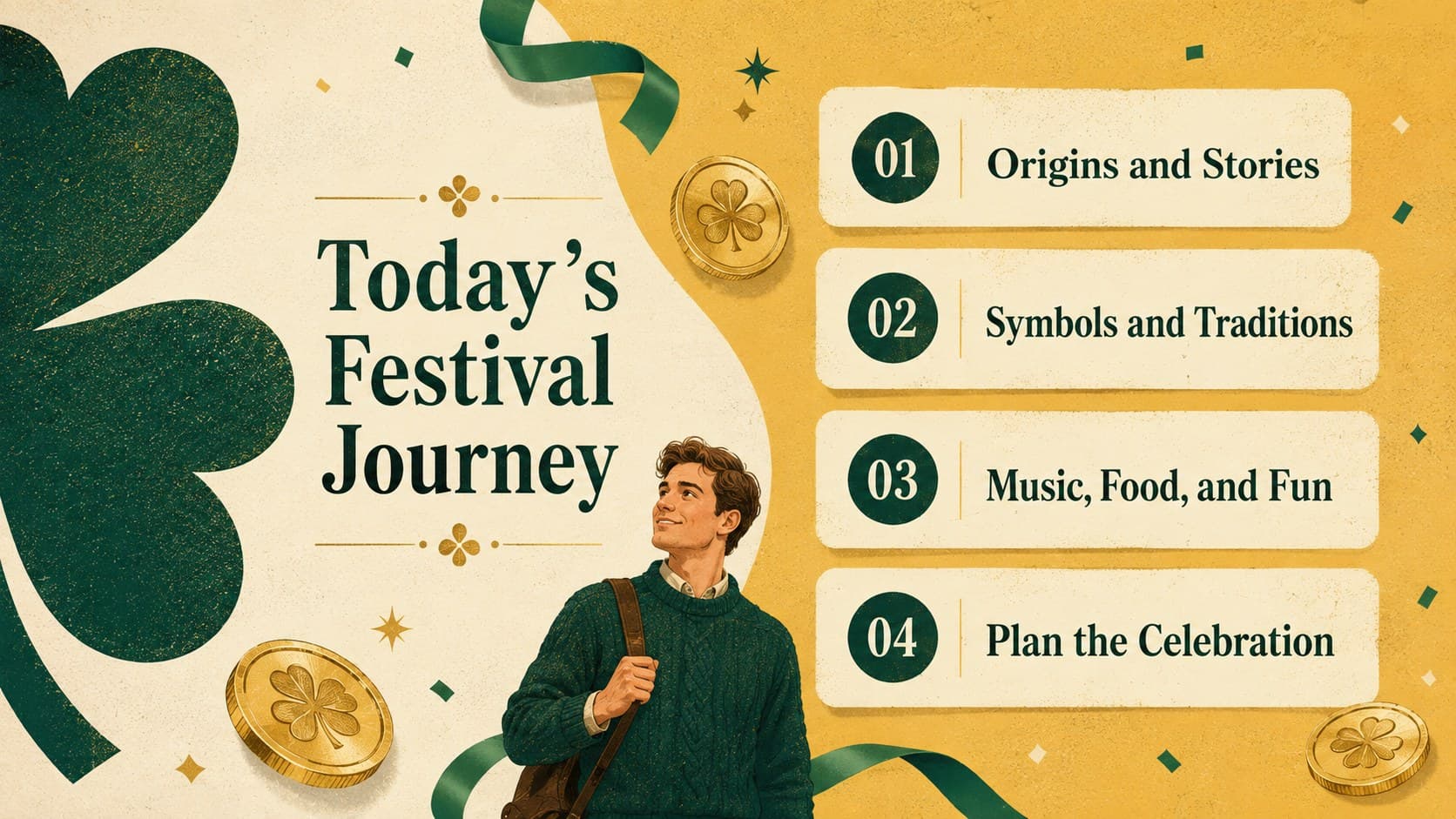 Yellow and green St. Patrick's Day agenda slide outlining history, traditions, activities, and celebration plans.