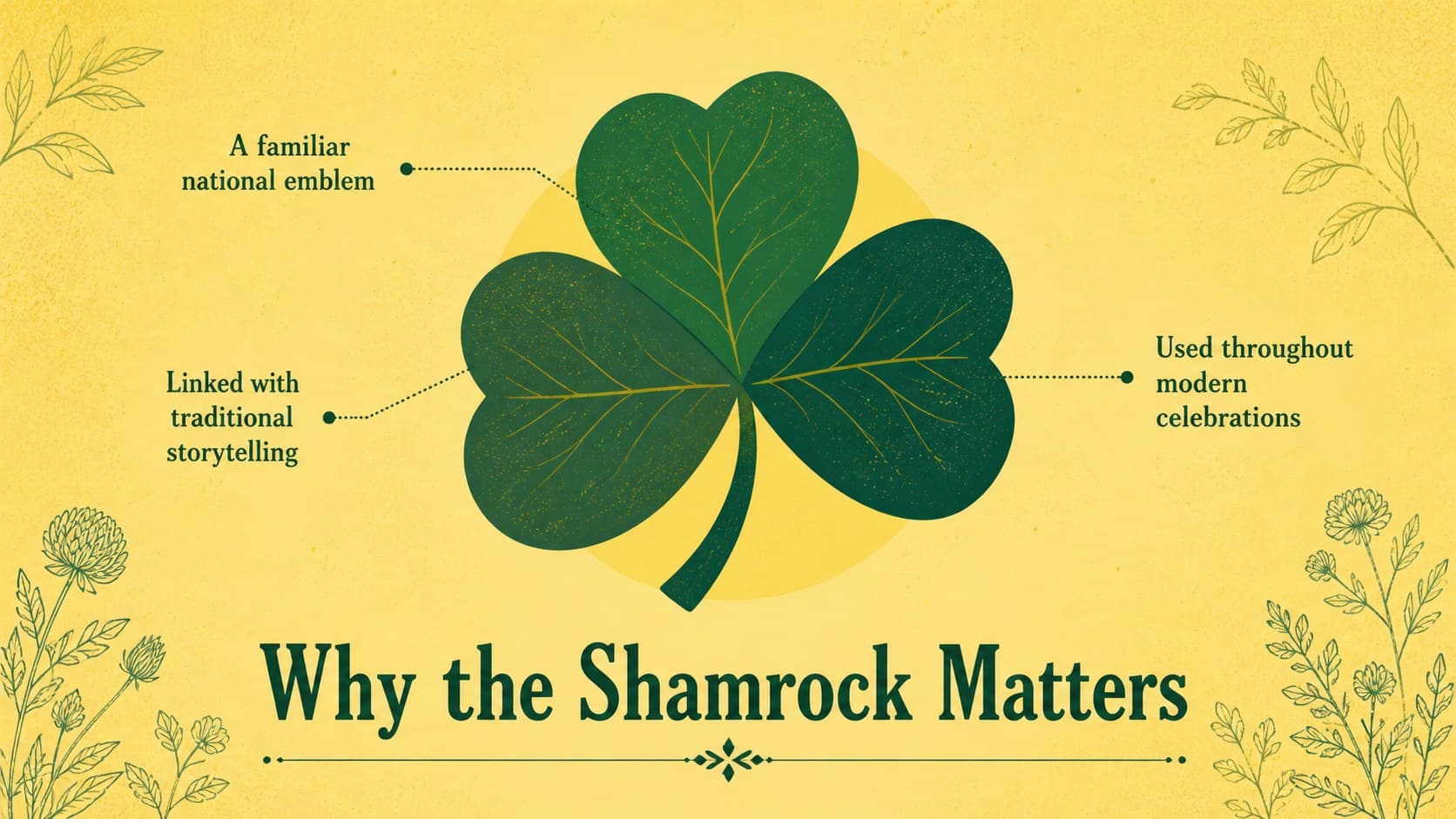 Shamrock symbolism lesson slide using three illustrated leaves and concise educational notes.