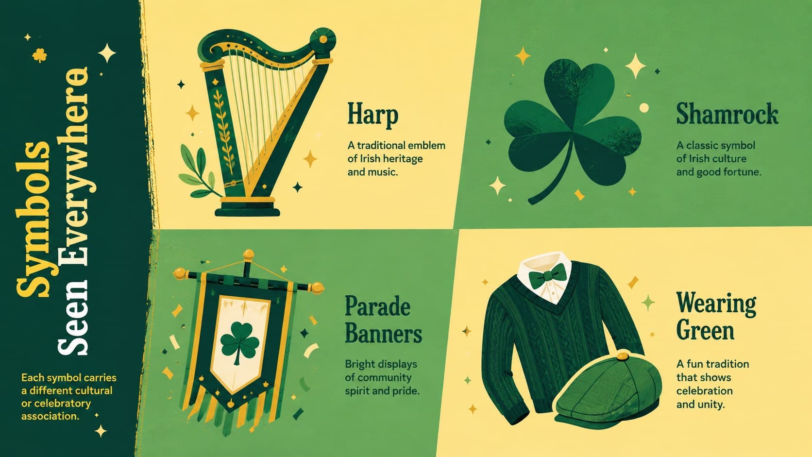 Irish culture classroom presentation slide comparing four familiar St. Patrick's Day symbols.