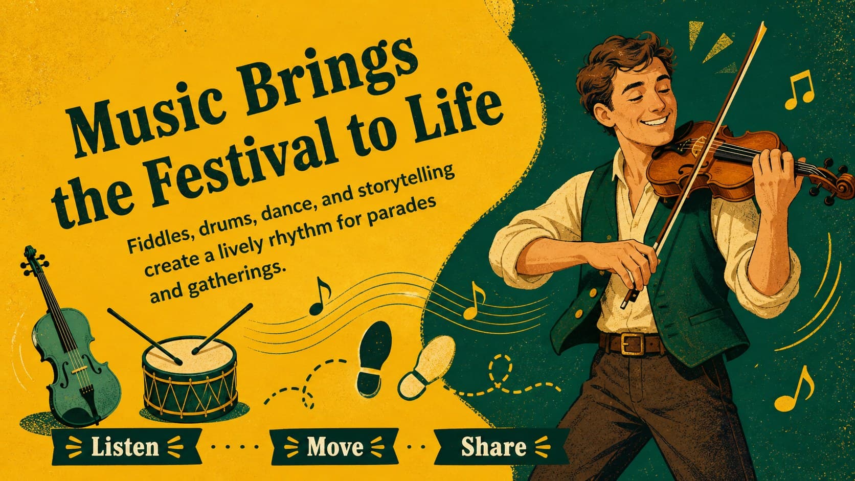 Yellow and green holiday slide highlighting traditional music, dance, storytelling, and parade performances.
