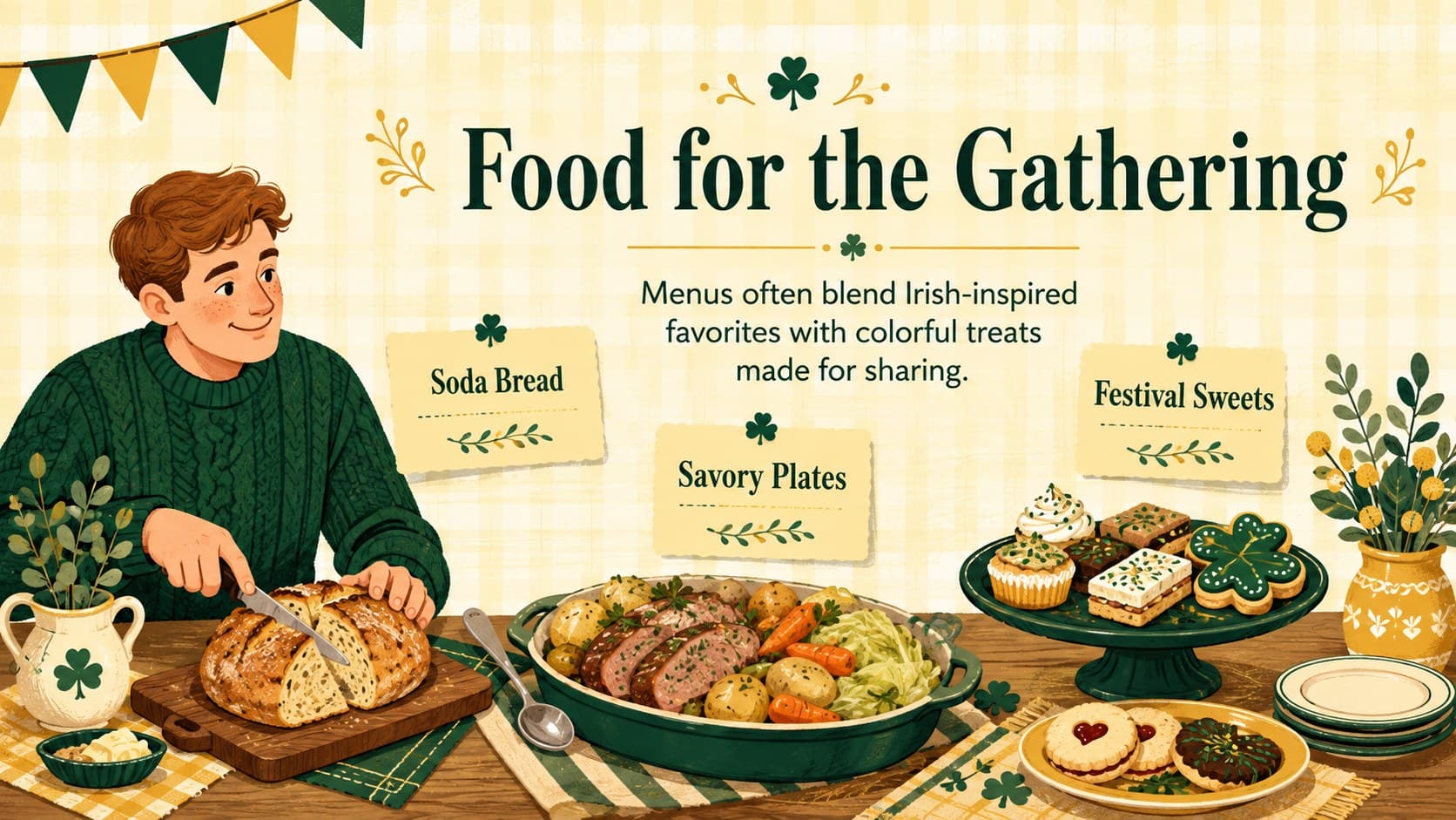Festive food traditions slide featuring an illustrated meal, soda bread, and celebration treats.