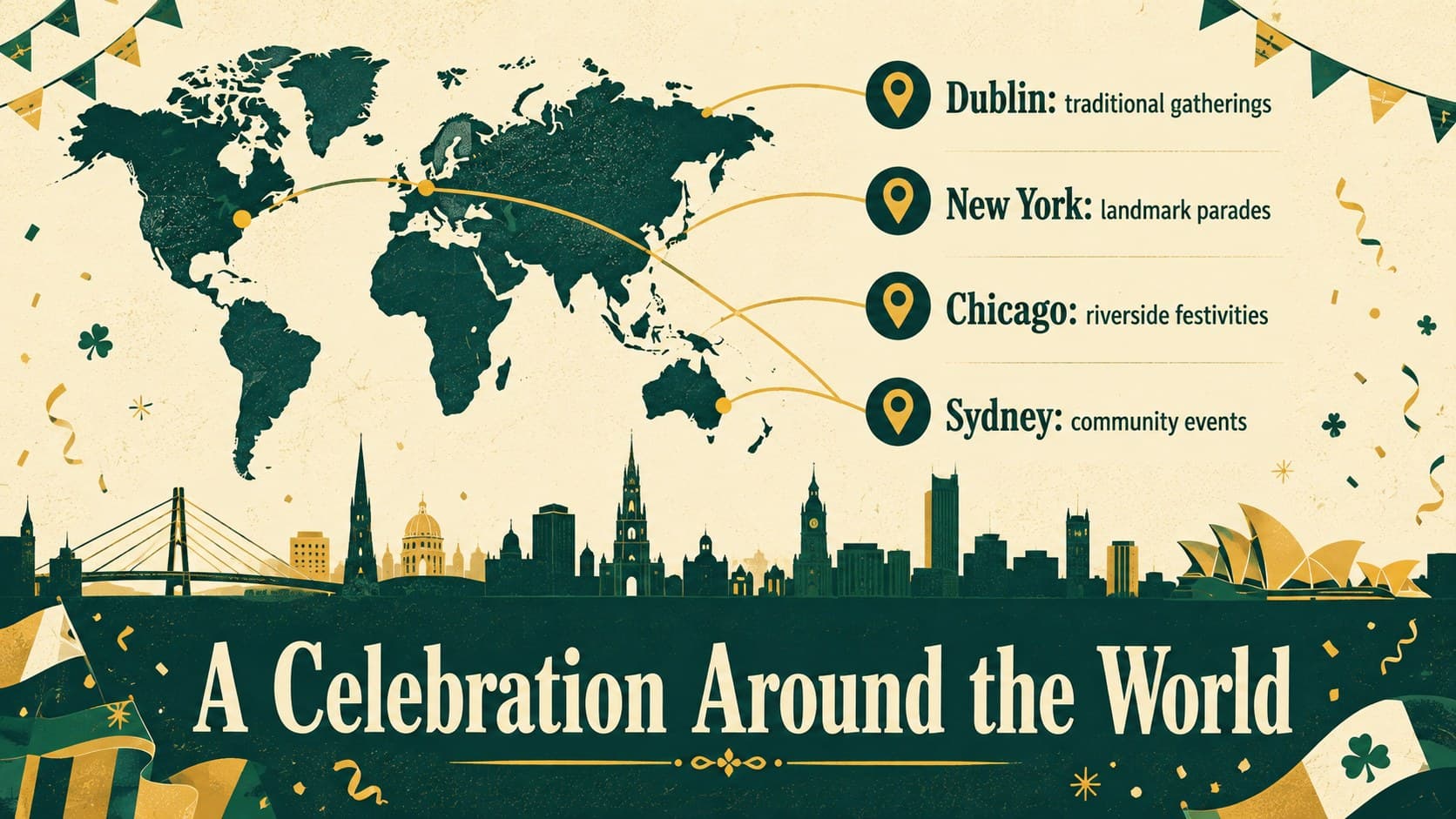 Global St. Patrick's Day event presentation slide showing celebrations across four cities.