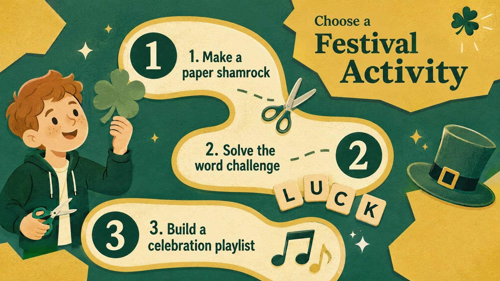 Classroom activity slide with shamrock crafts, a word challenge, and a festival playlist task.