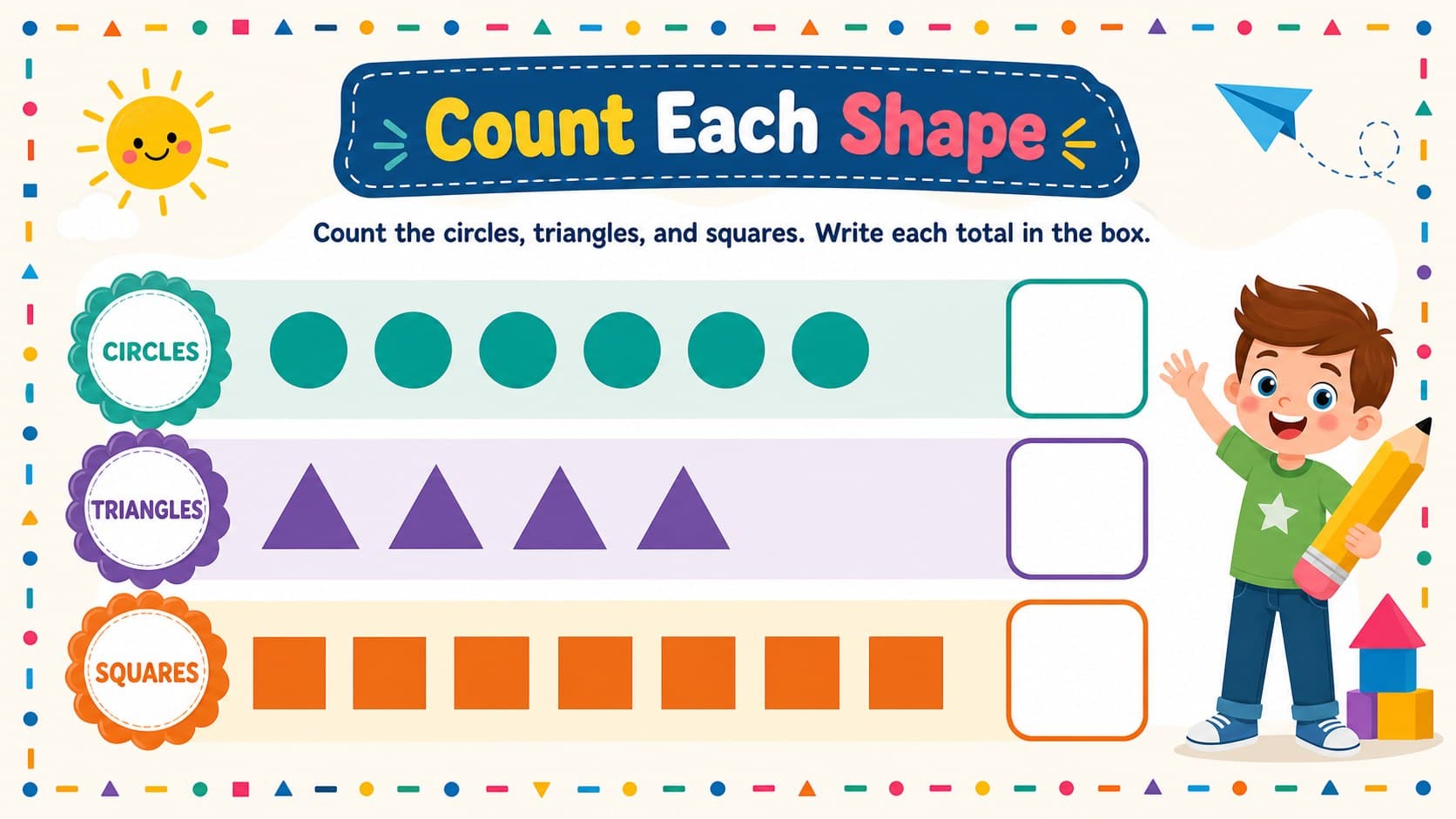 Kindergarten shape counting worksheet with grouped circles, triangles, and squares beside answer boxes.