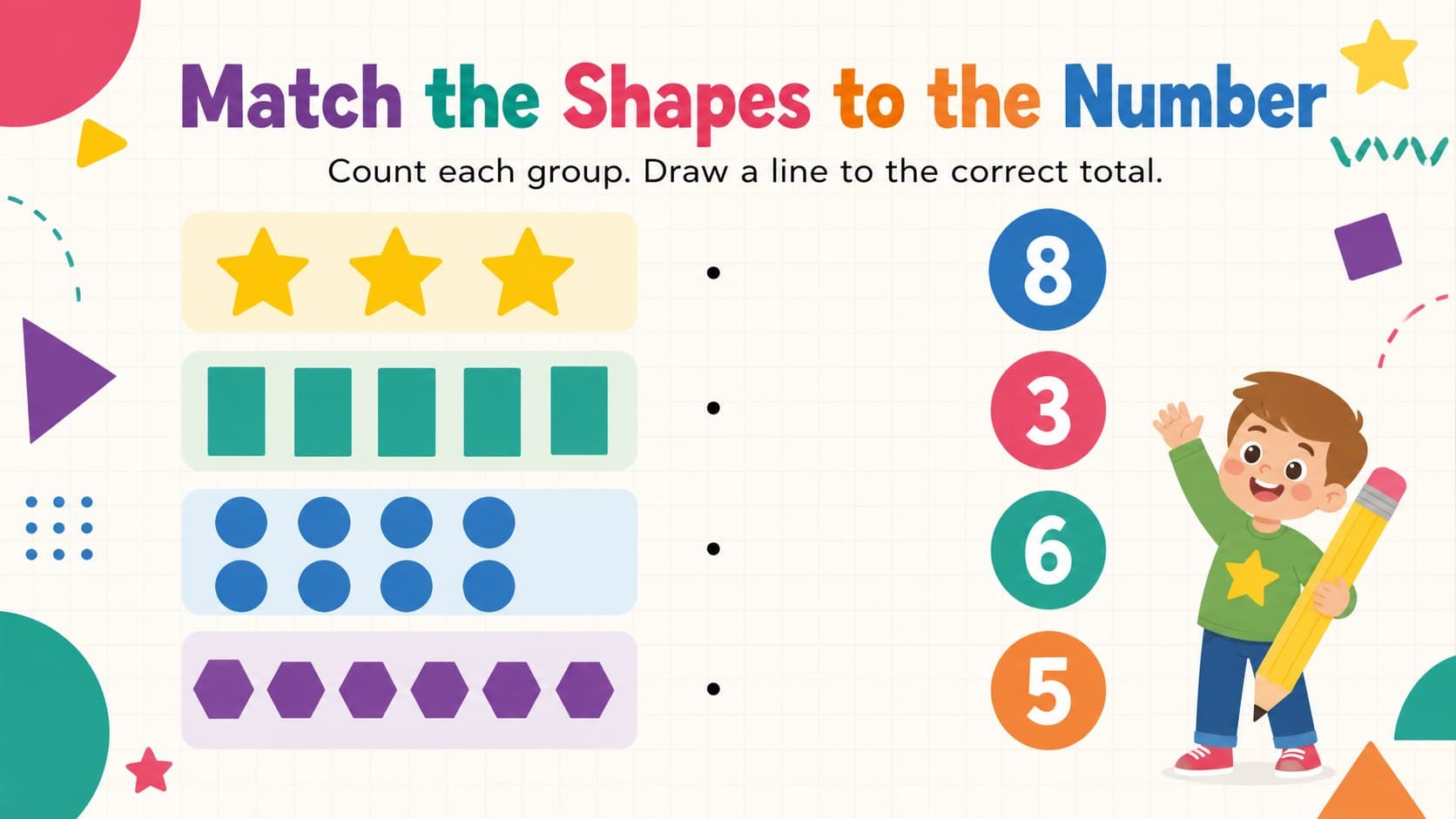 Colorful geometry counting activity asking children to match shape groups with the correct numbers.