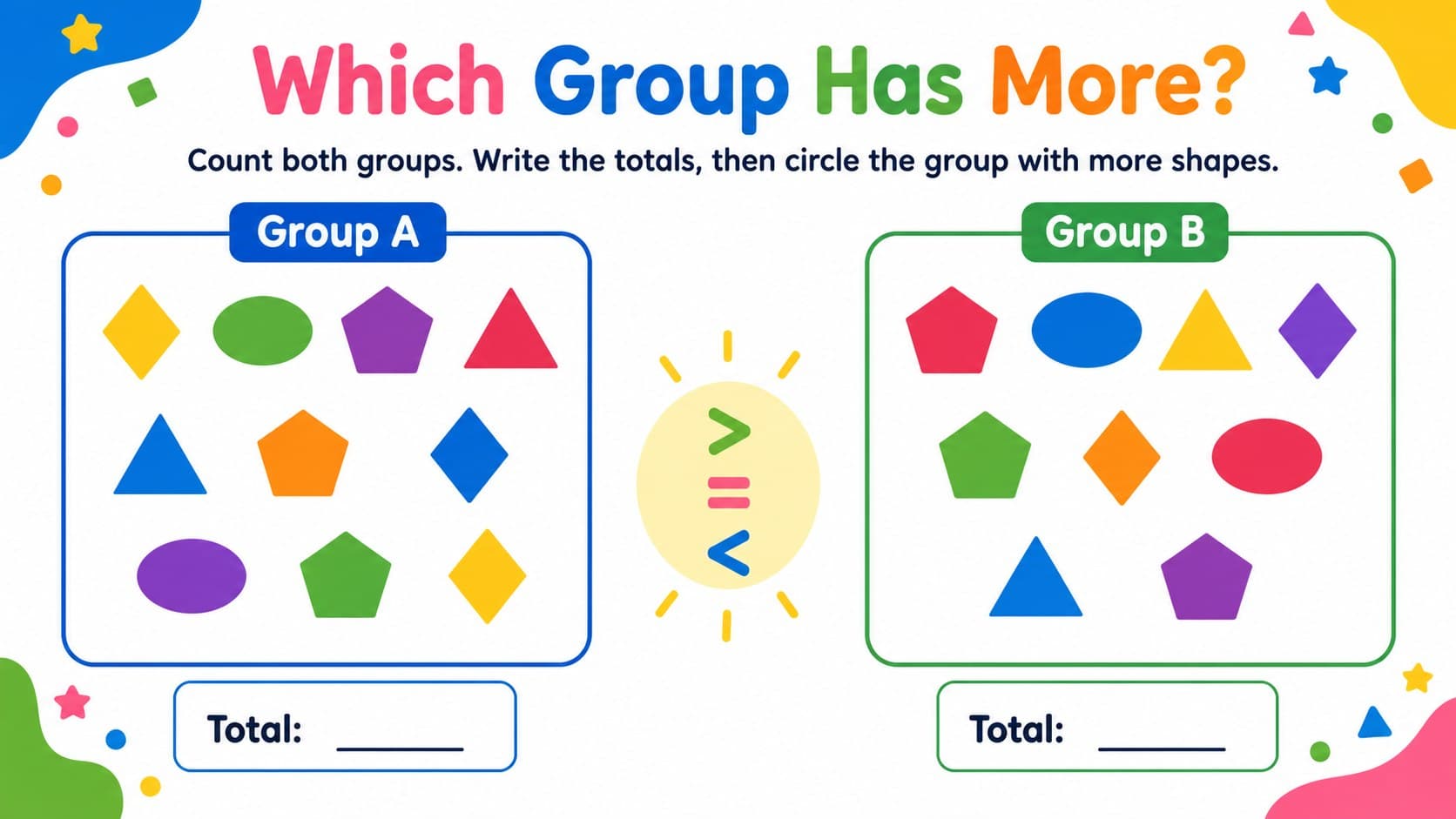 First-grade shape counting practice page comparing two colorful geometric sets and recording totals.