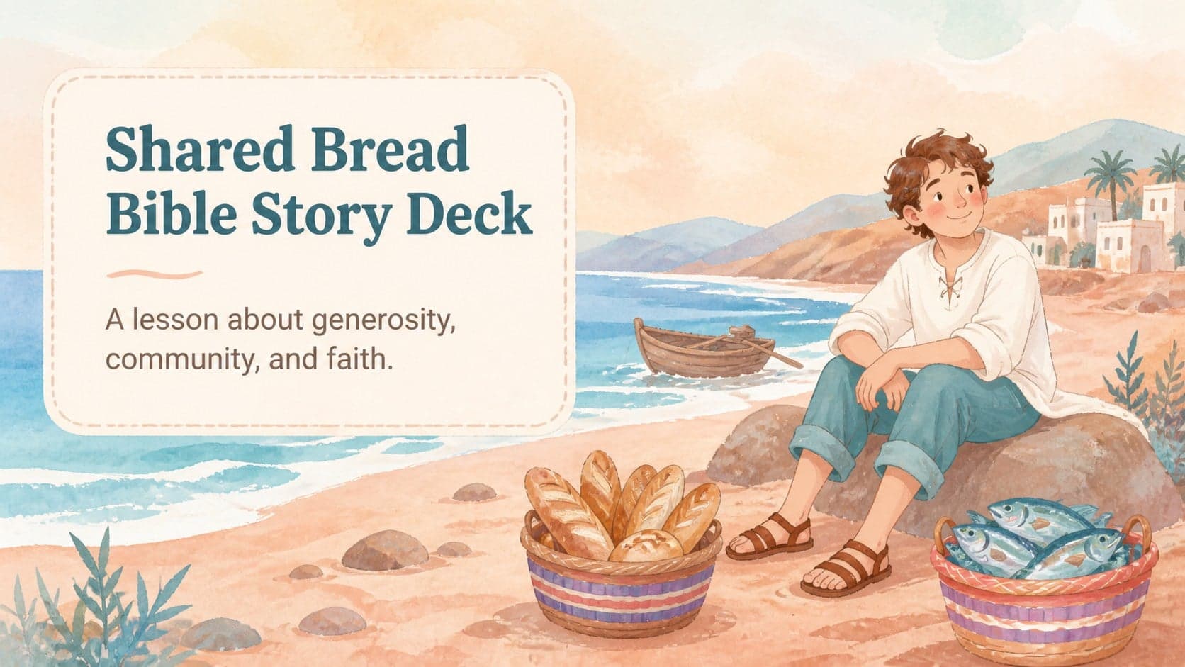 Watercolor cover slide introducing a shared bread Bible story deck with a seaside gathering and baskets of food.