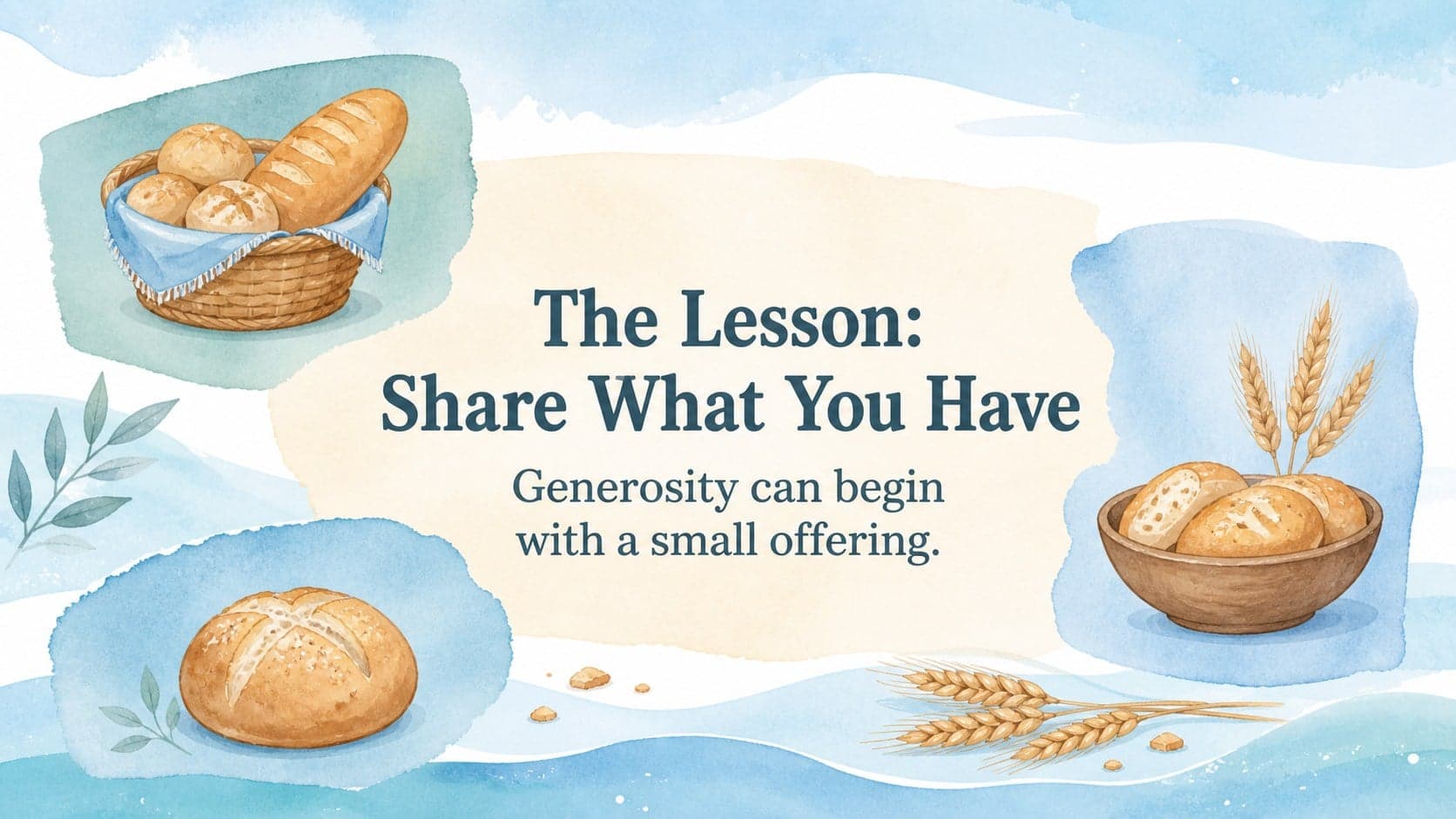 Colorful watercolor slide presenting the central Bible lesson about generosity.