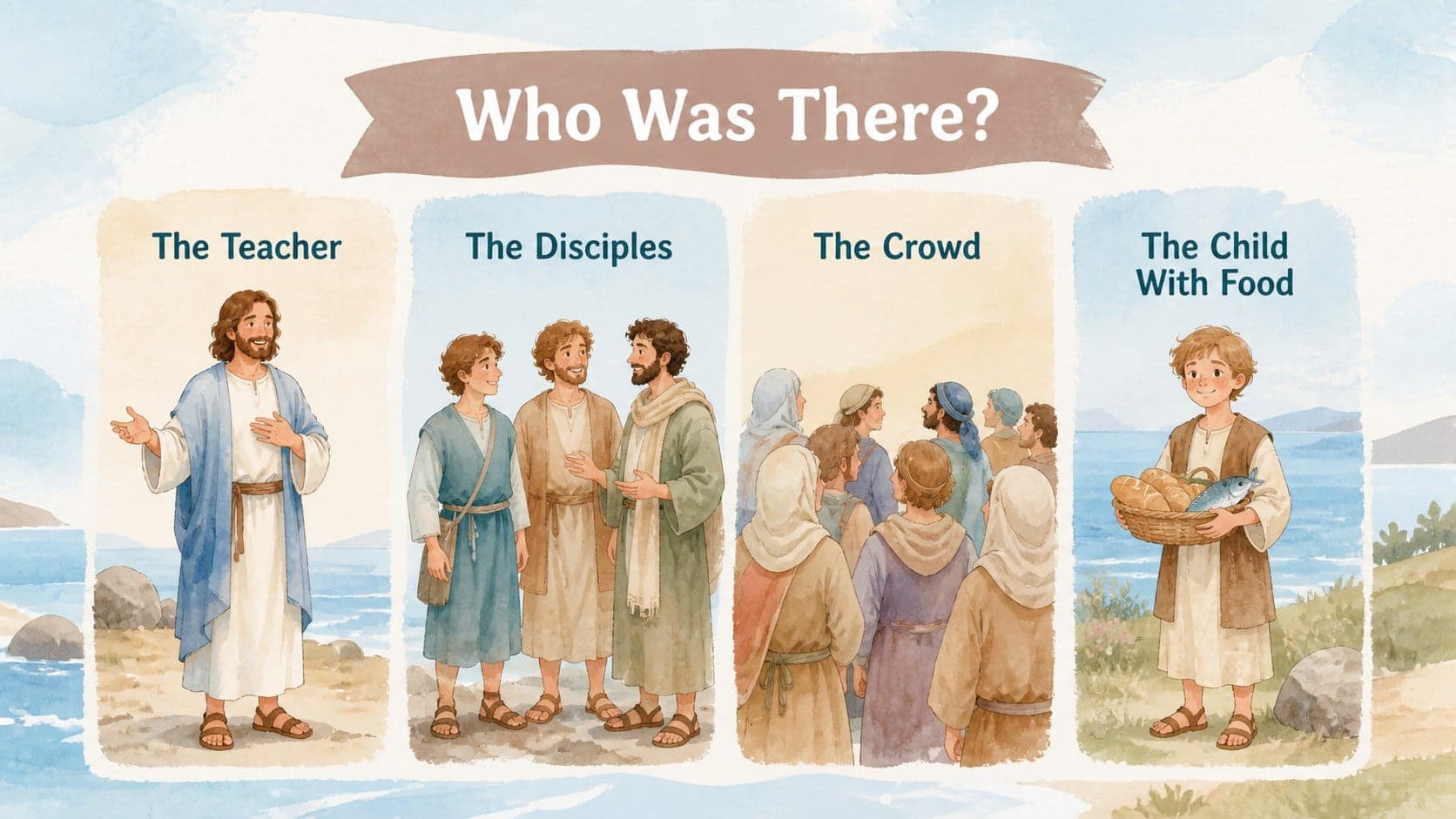 Illustrated watercolor slide introducing the people and roles in the Gospel story.