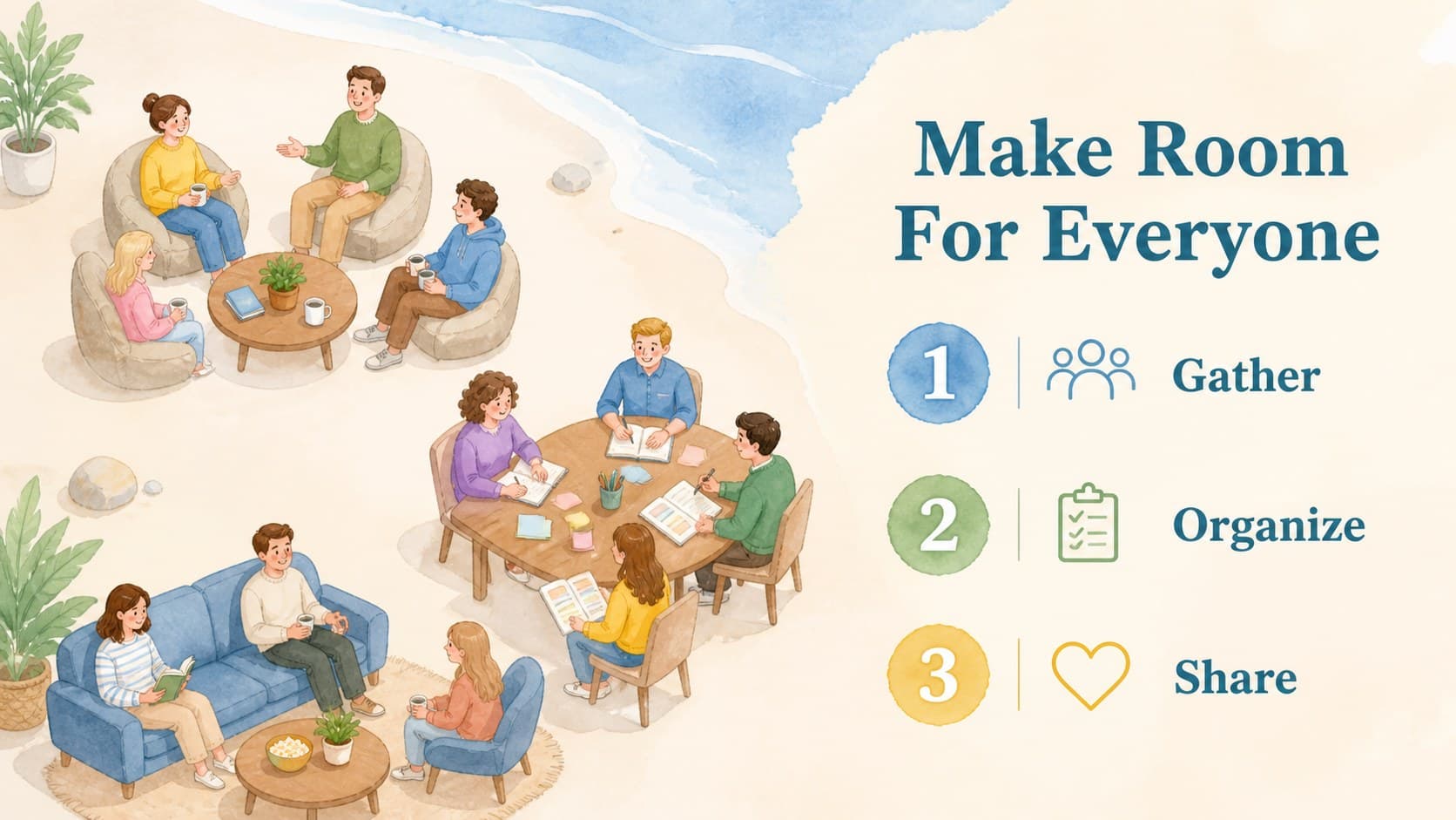 Bright illustrated Bible story slide explaining how the crowd was organized.