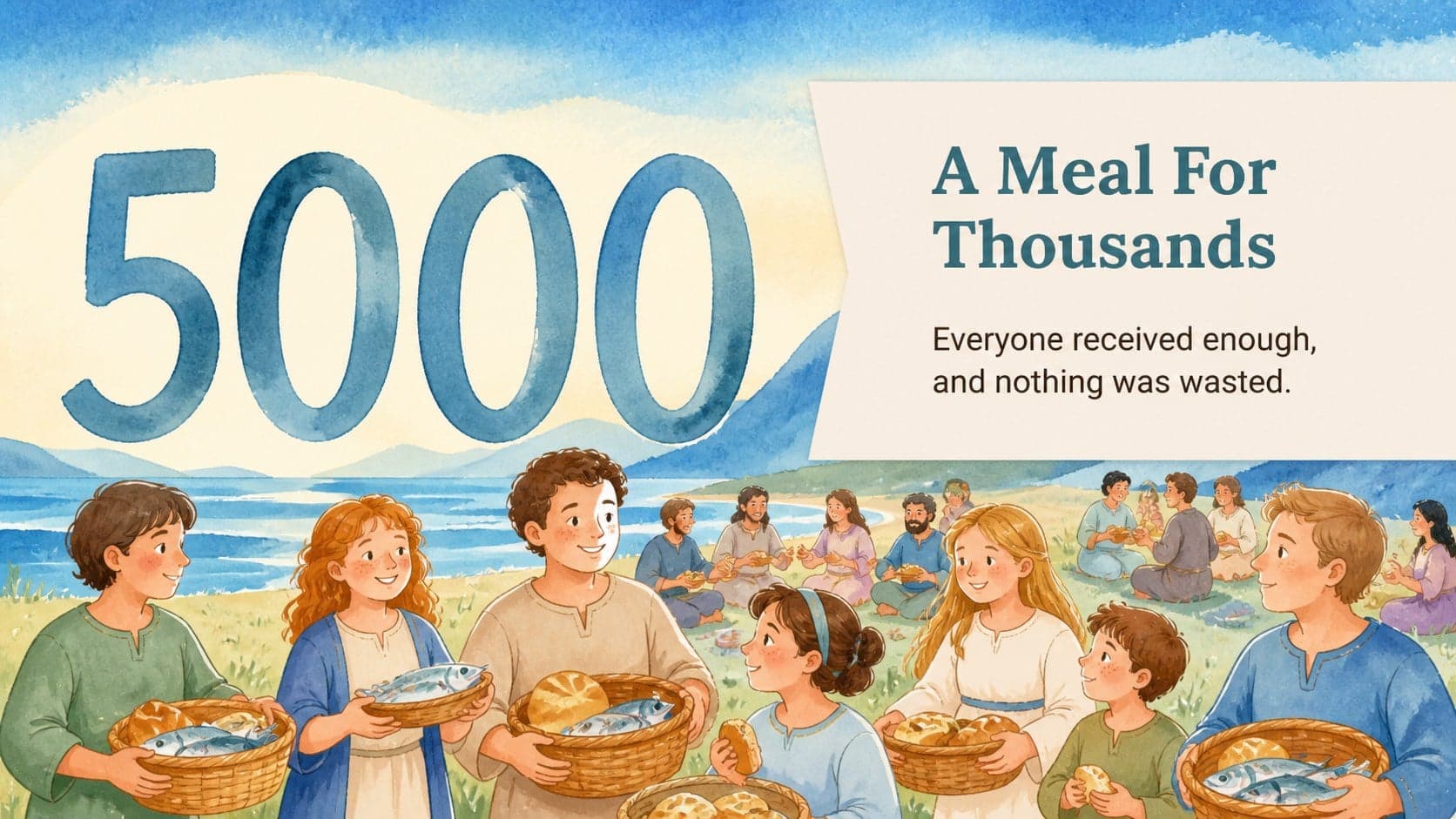 Colorful watercolor slide visualizing the many people included in the five thousand Bible lesson.