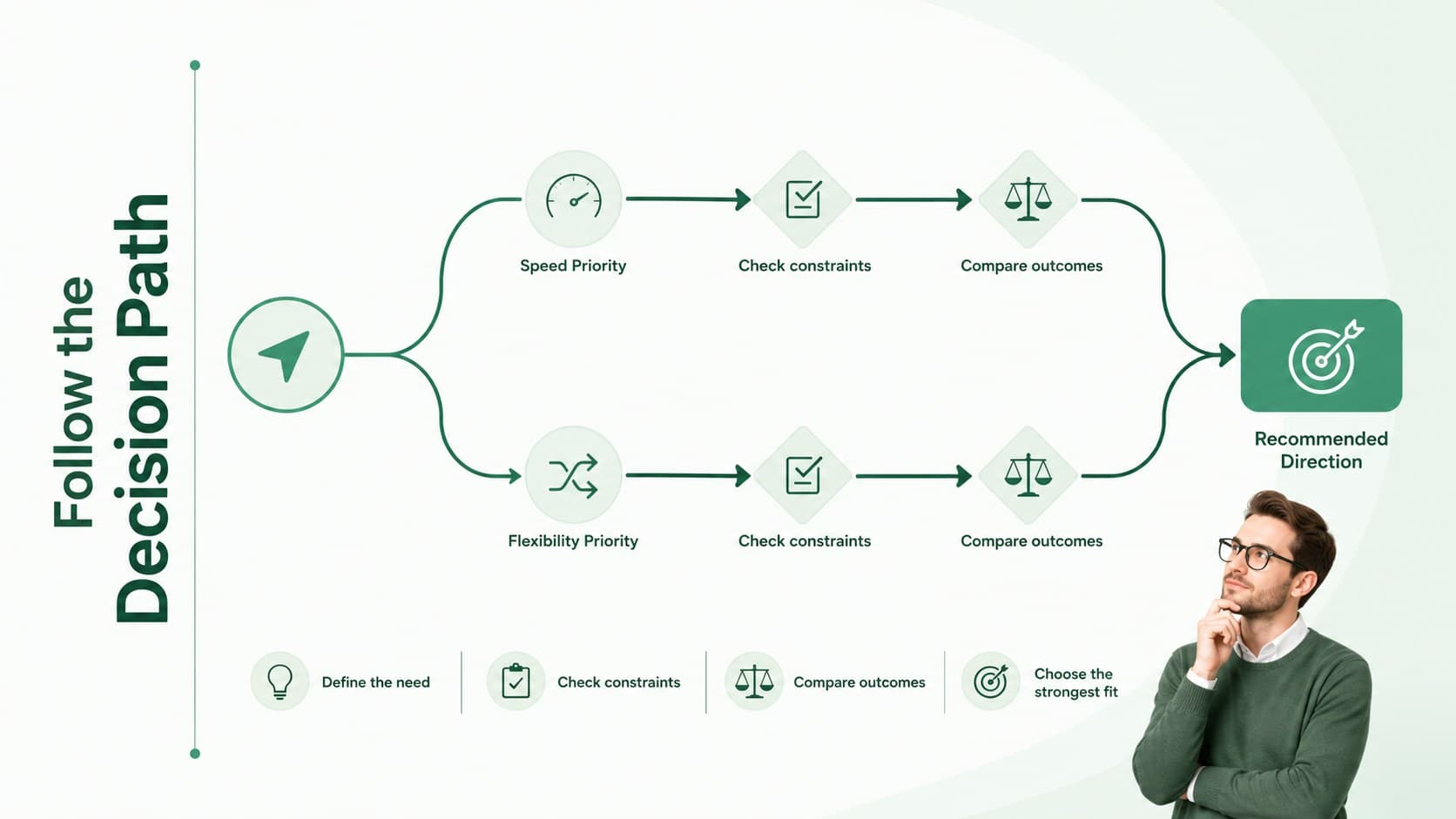 Google Slides comparison diagram with two branching evaluation routes leading to a shared decision point.