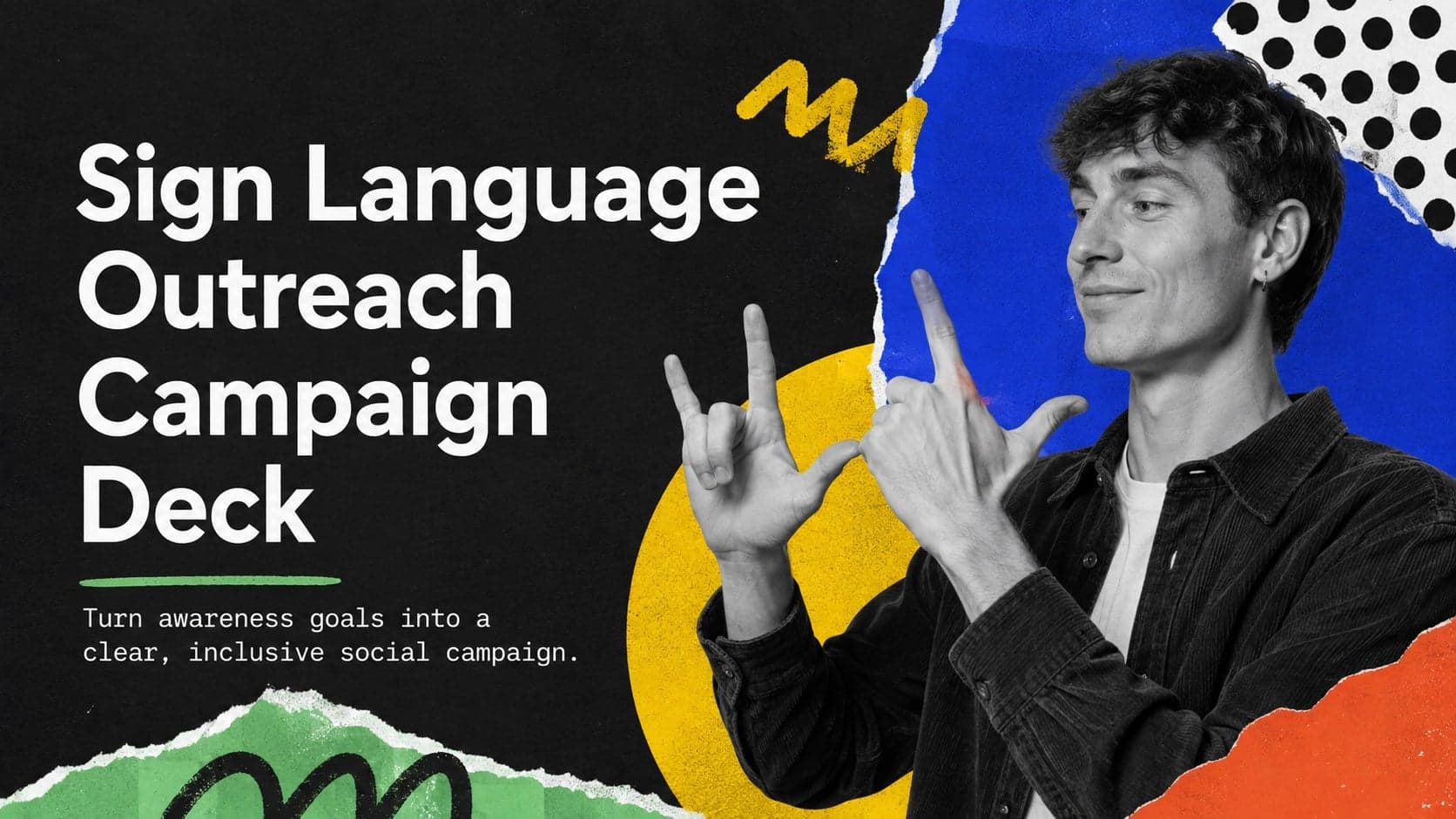 Cover of the Sign Language Outreach Campaign Deck with vibrant cut-paper graphics on a black collage background.