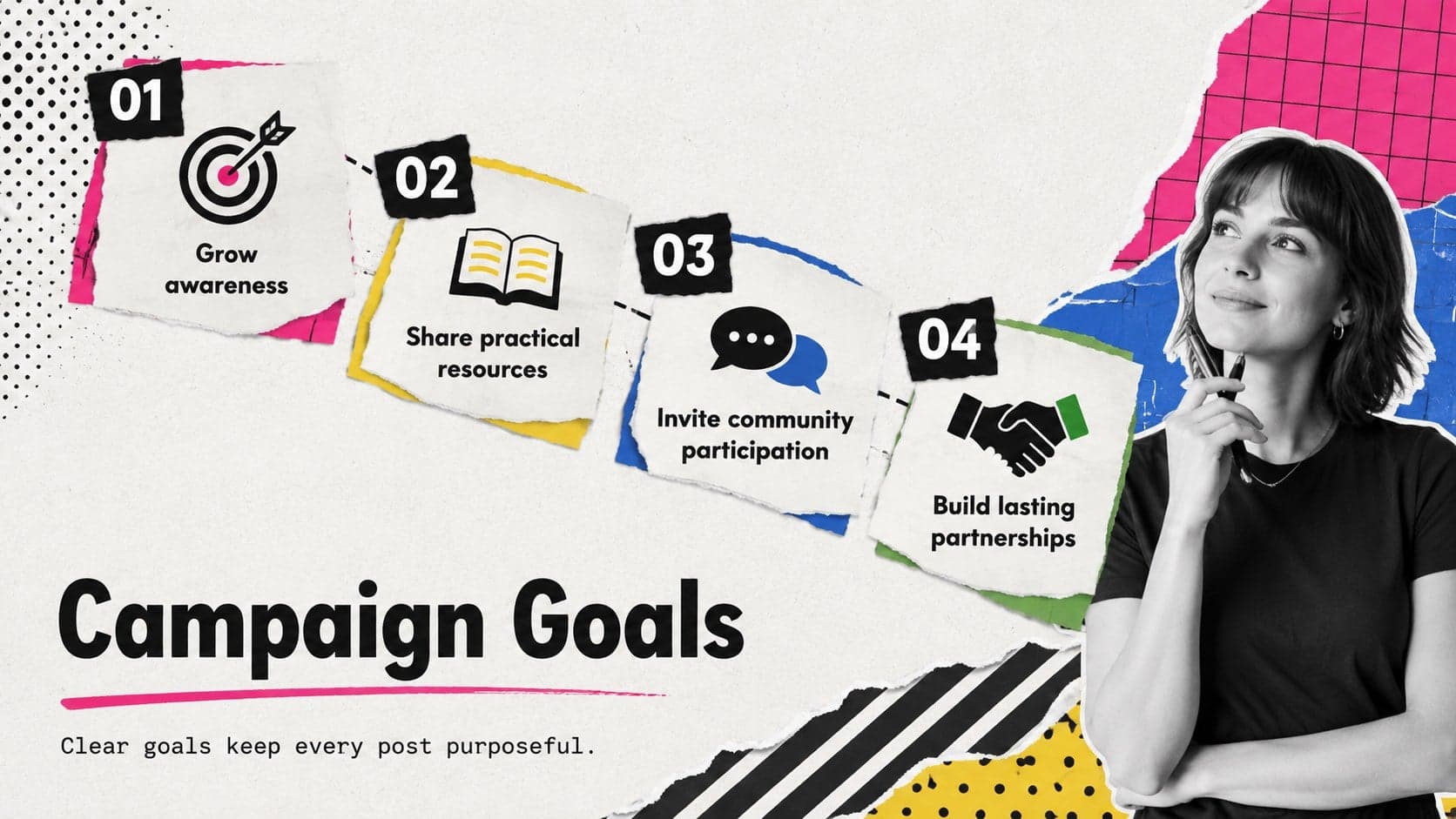 Outreach campaign goals slide featuring four measurable sign language awareness objectives.