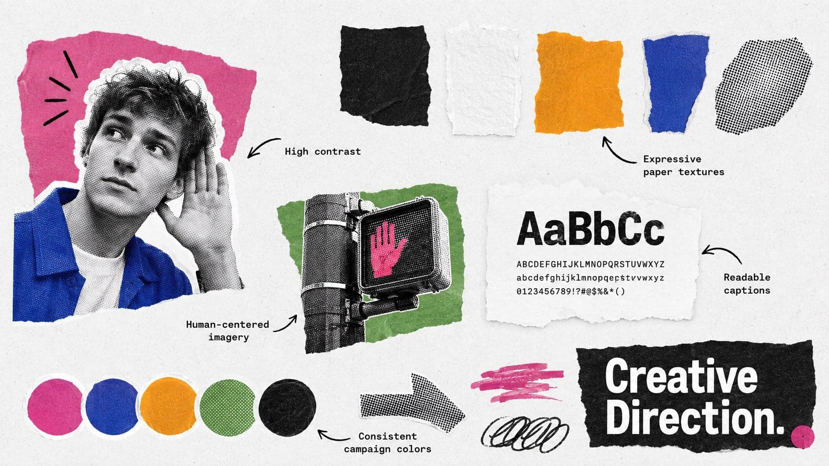 Creative direction board showing the accessible visual style for a sign language campaign.