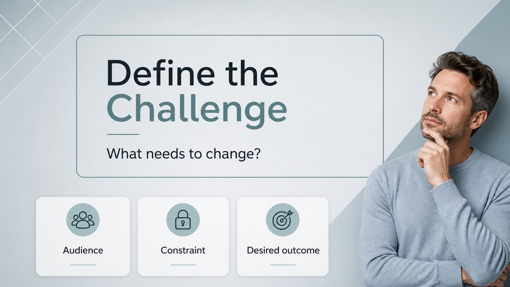 Challenge framing slide for a team facilitation slide deck with a central question and grey-blue prompt panels.