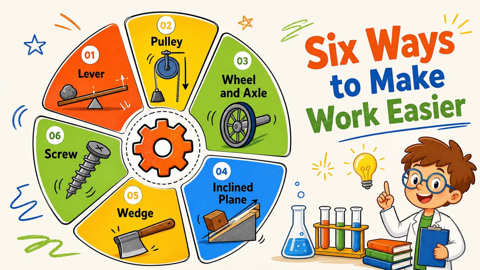 Simple machines presentation for kids showing all six machine types with bright original icons.