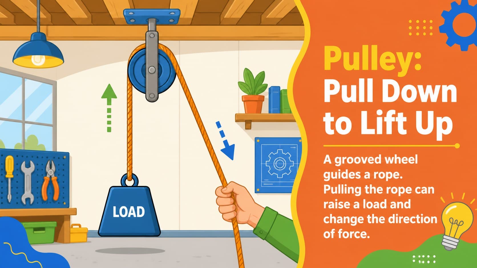 Colorful pulley lesson slide showing a rope and wheel lifting a classroom supply box.