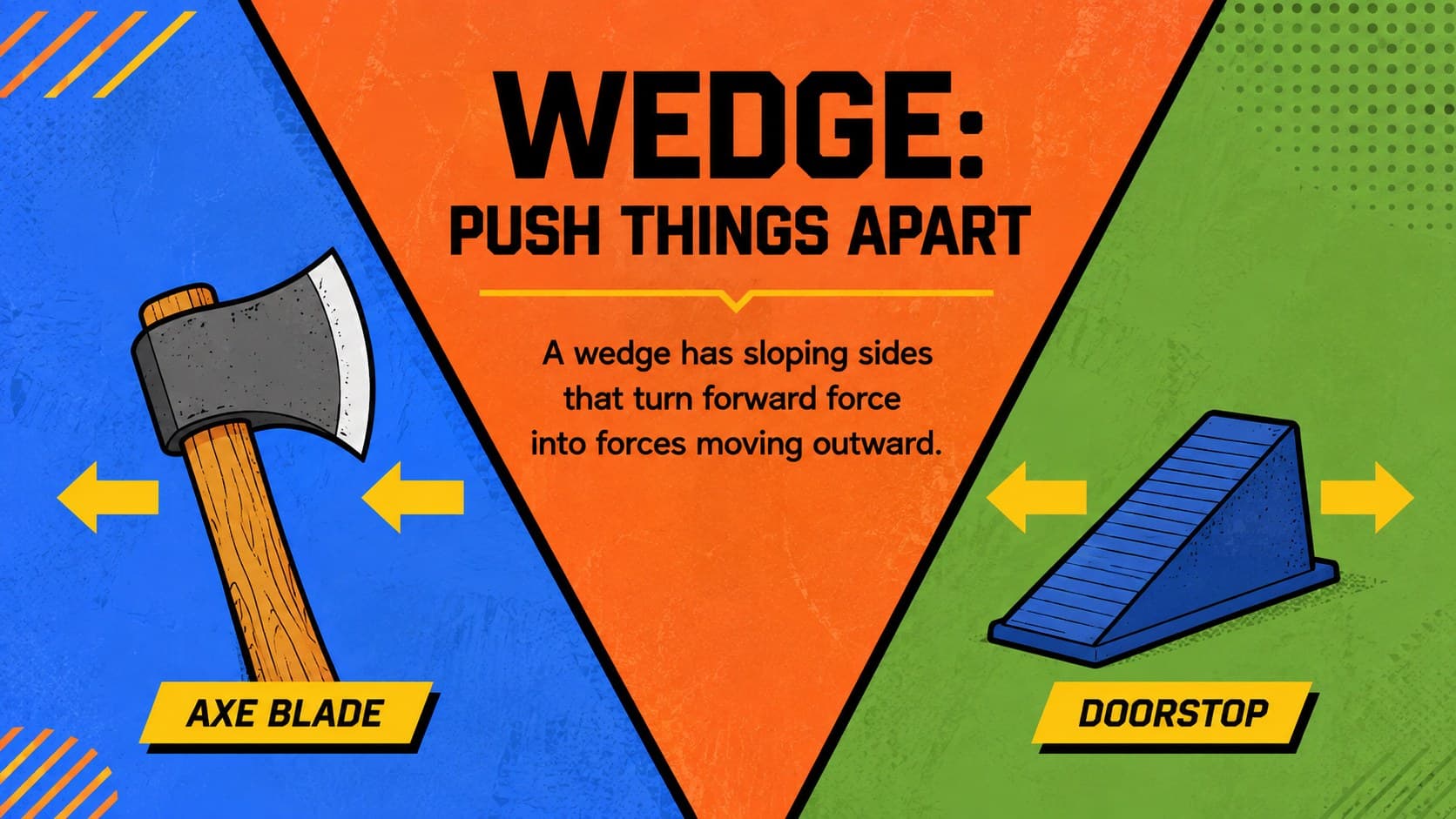 Elementary physics slide showing how wedges push materials apart using examples such as an axe and doorstop.