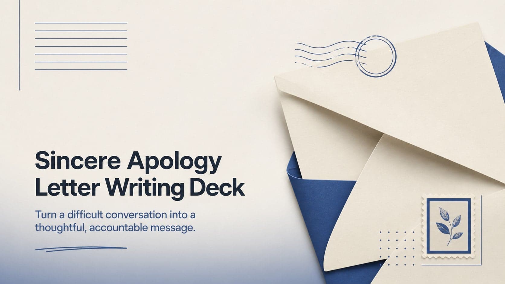 Cover of a sincere apology letter writing deck in a modern beige, black, and blue style.