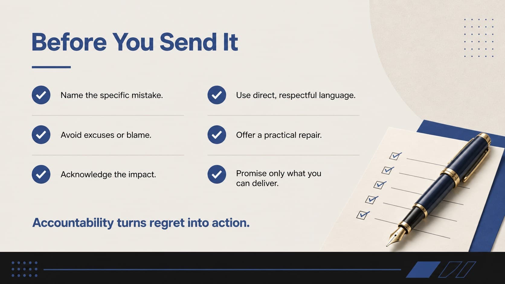Professional apology letter checklist slide for reviewing tone, accountability, and next steps.