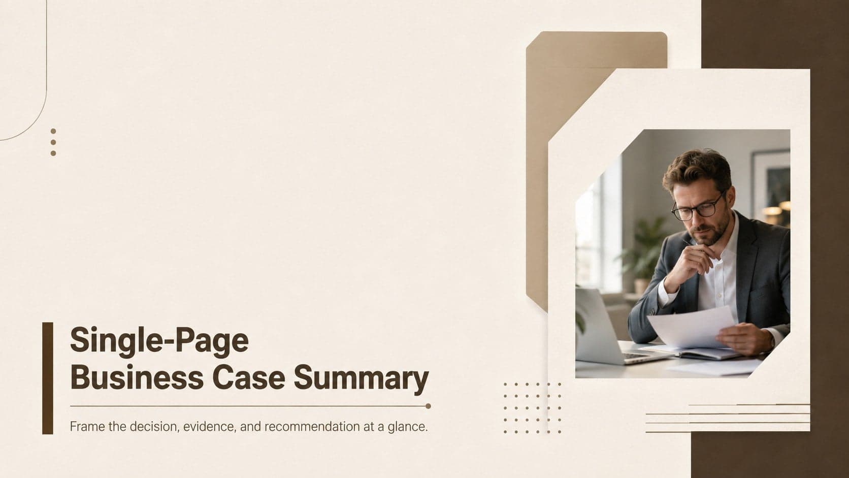 Cover for a single-page business case summary using a minimalist beige and brown corporate design.