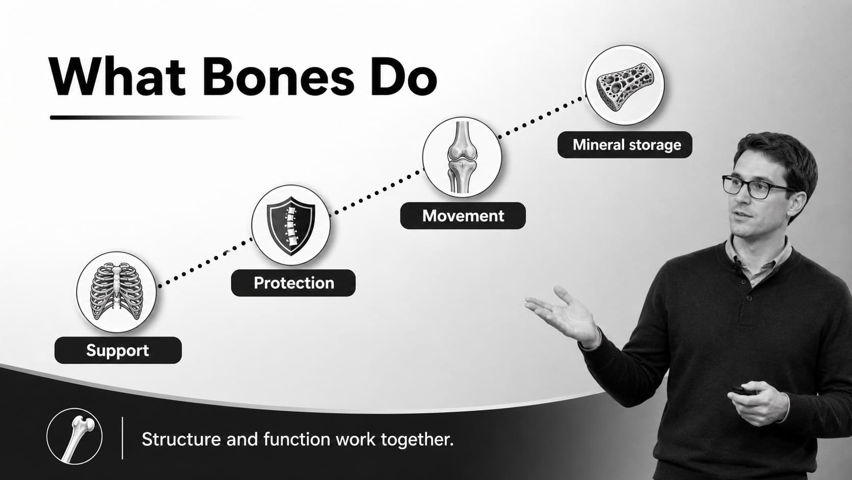 Bone functions slide organizing support, protection, movement, and mineral storage for students.