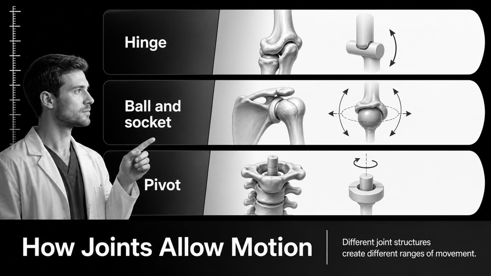 Joint types slide comparing hinge, ball-and-socket, and pivot joints in a monochrome science deck.