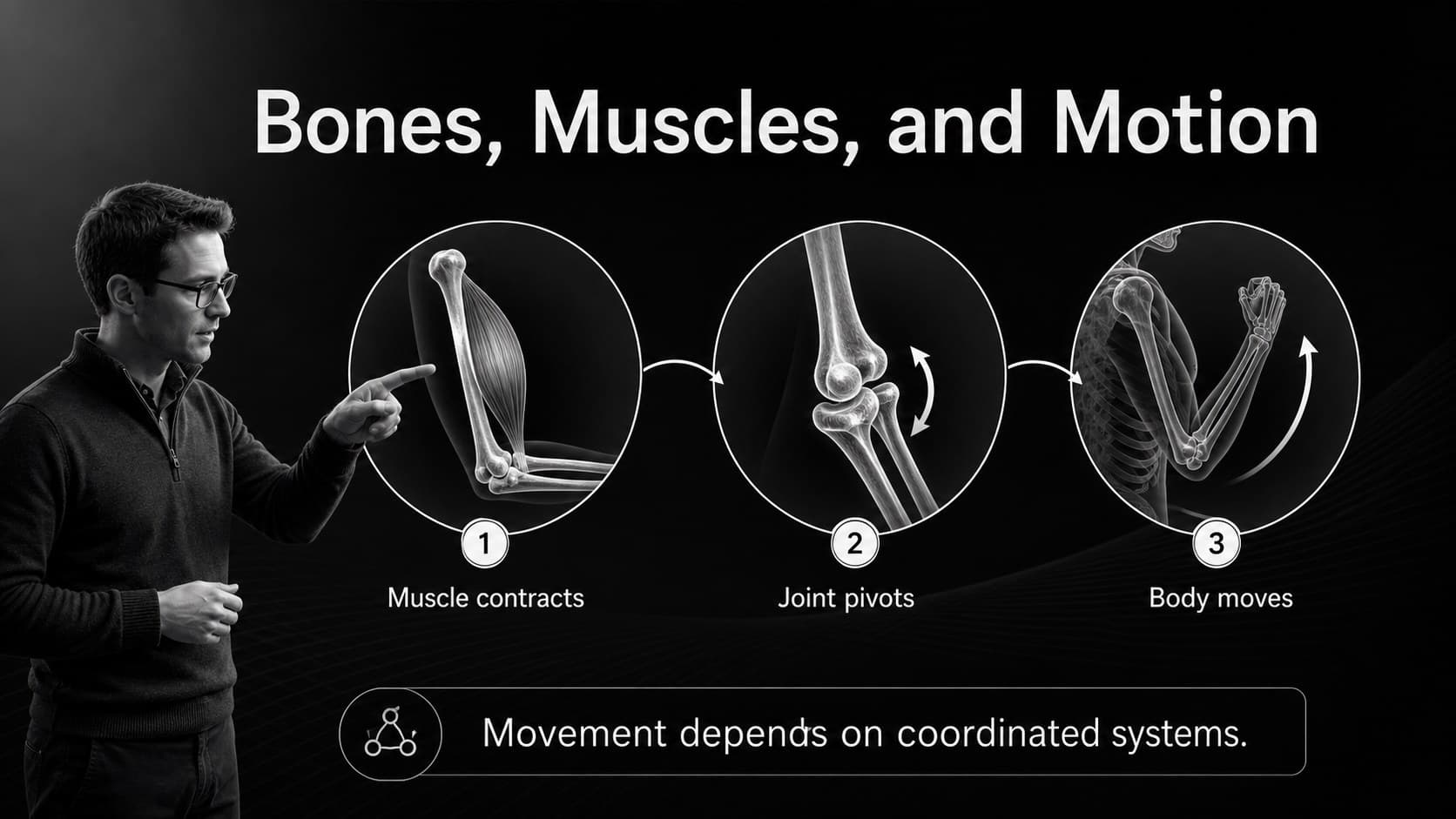 Skeleton movement slide connecting muscles, bones, and joints in an educational anatomy presentation.