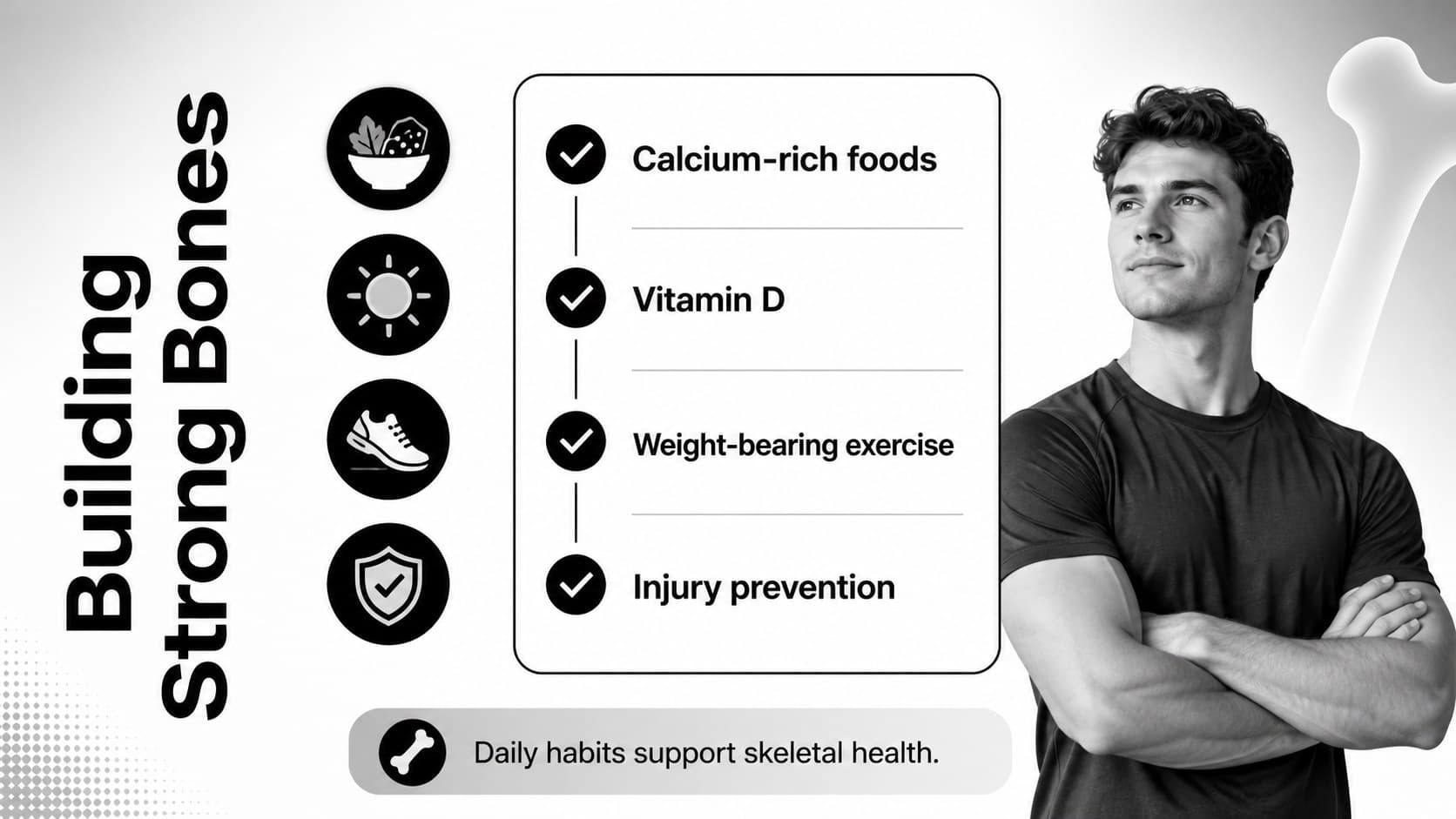 Bone health slide presenting calcium, vitamin D, exercise, and injury prevention for anatomy learners.