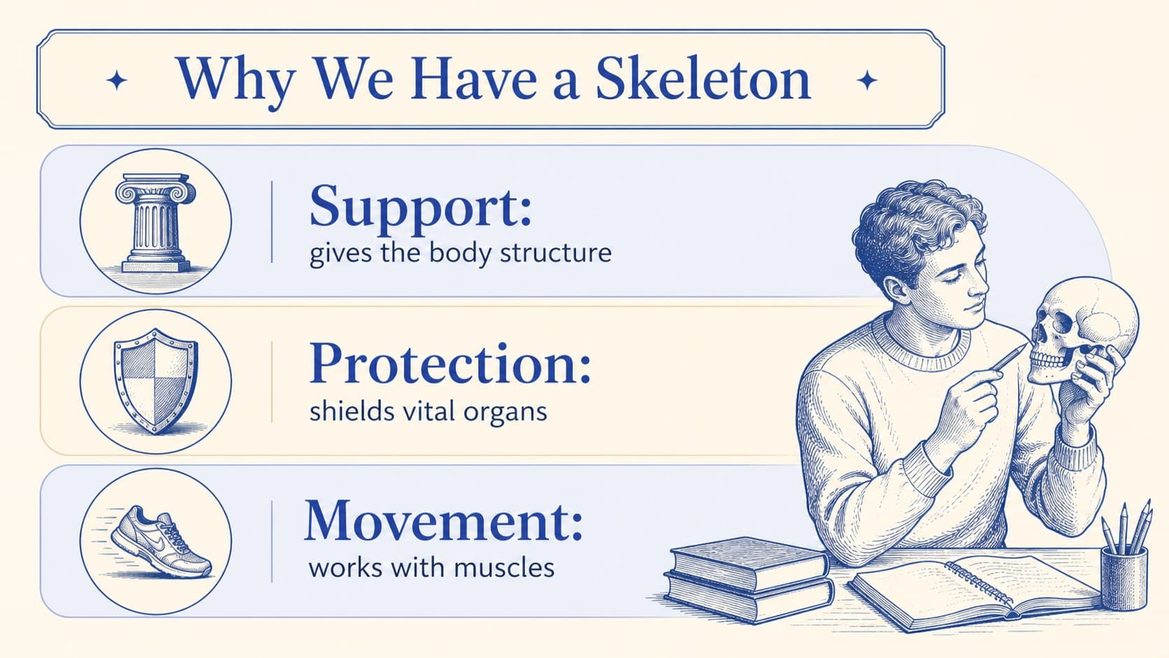 Educational slide explaining how the skeletal system supports and protects the body.