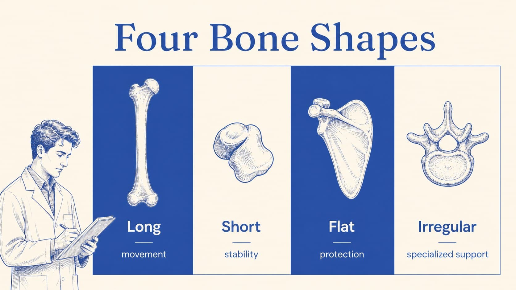 Student-friendly anatomy presentation comparing long, short, flat, and irregular bones.