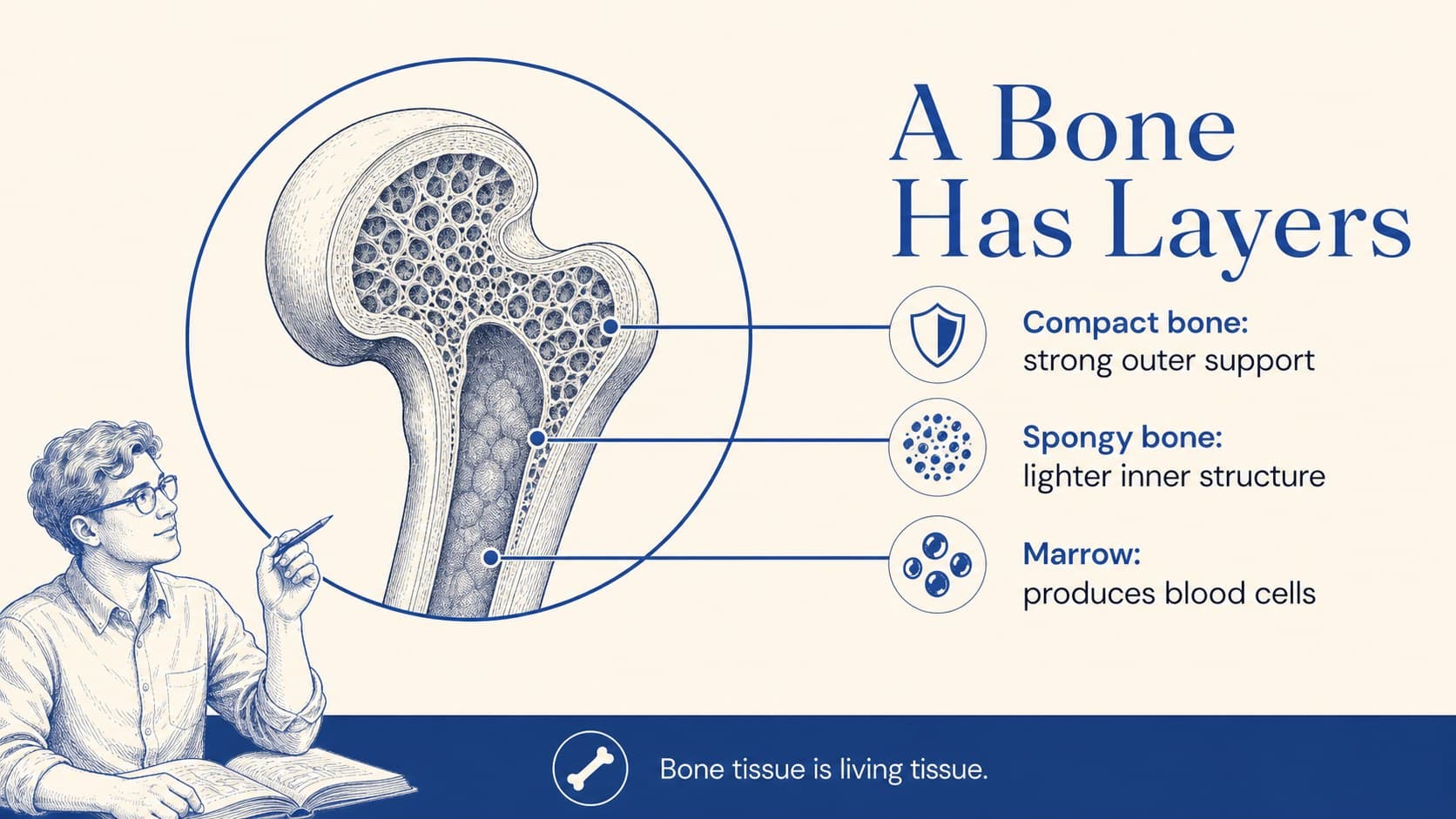 Skeletal system slide showing a close-up educational diagram of bone structure.