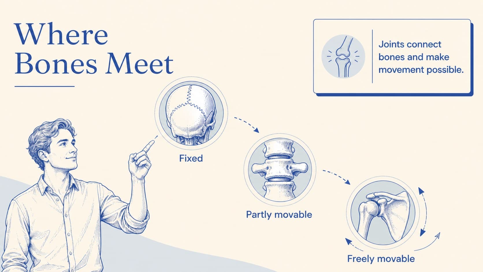 Bones and joints teaching slide illustrating how the body bends and moves.