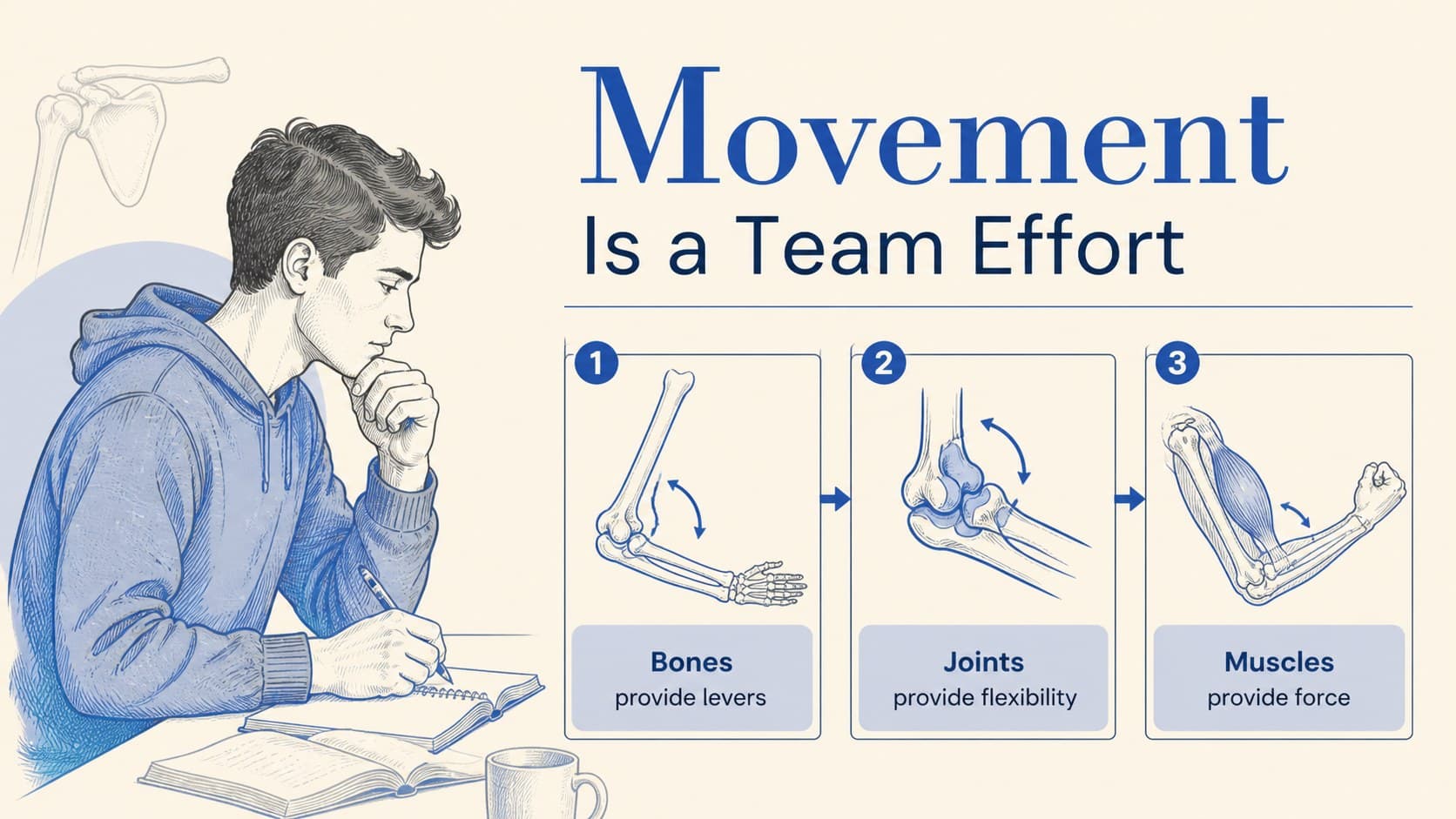 Illustrated human movement slide explaining the relationship between bones, joints, and muscles.
