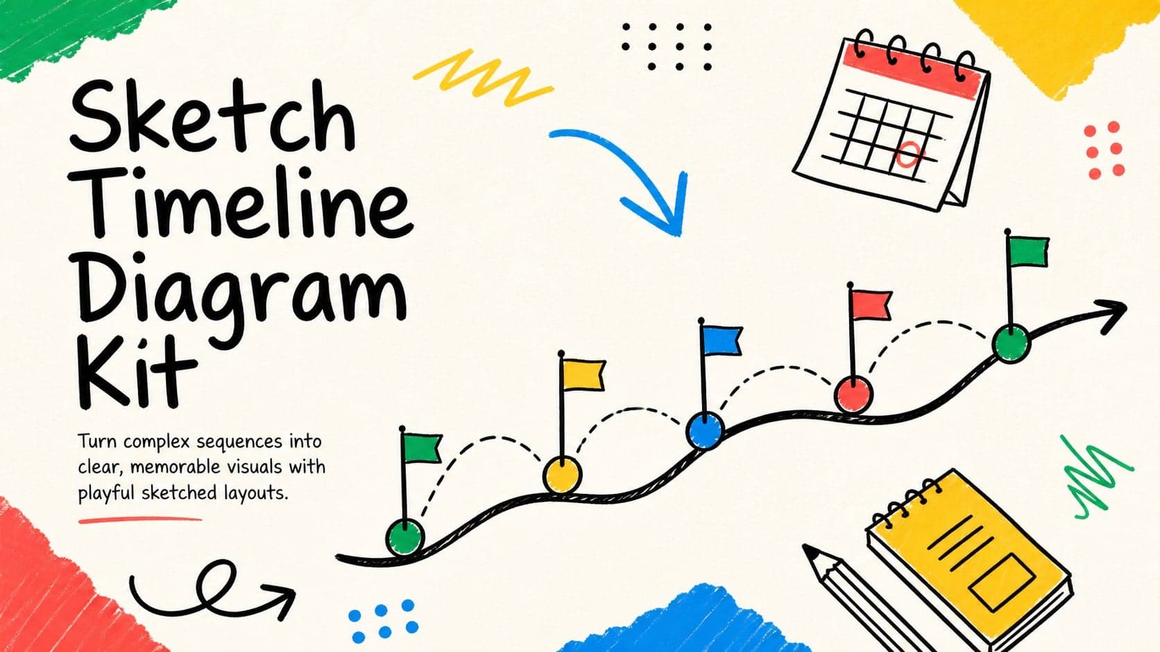 Cover of the Sketch Timeline Diagram Kit with colorful doodle arrows, milestone marks, and a clean central title.