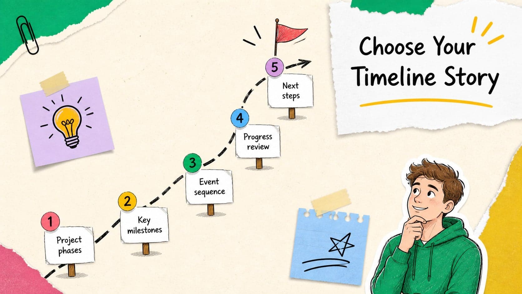Agenda slide for a sketch timeline diagram kit showing five colorful sections along a hand-drawn route.